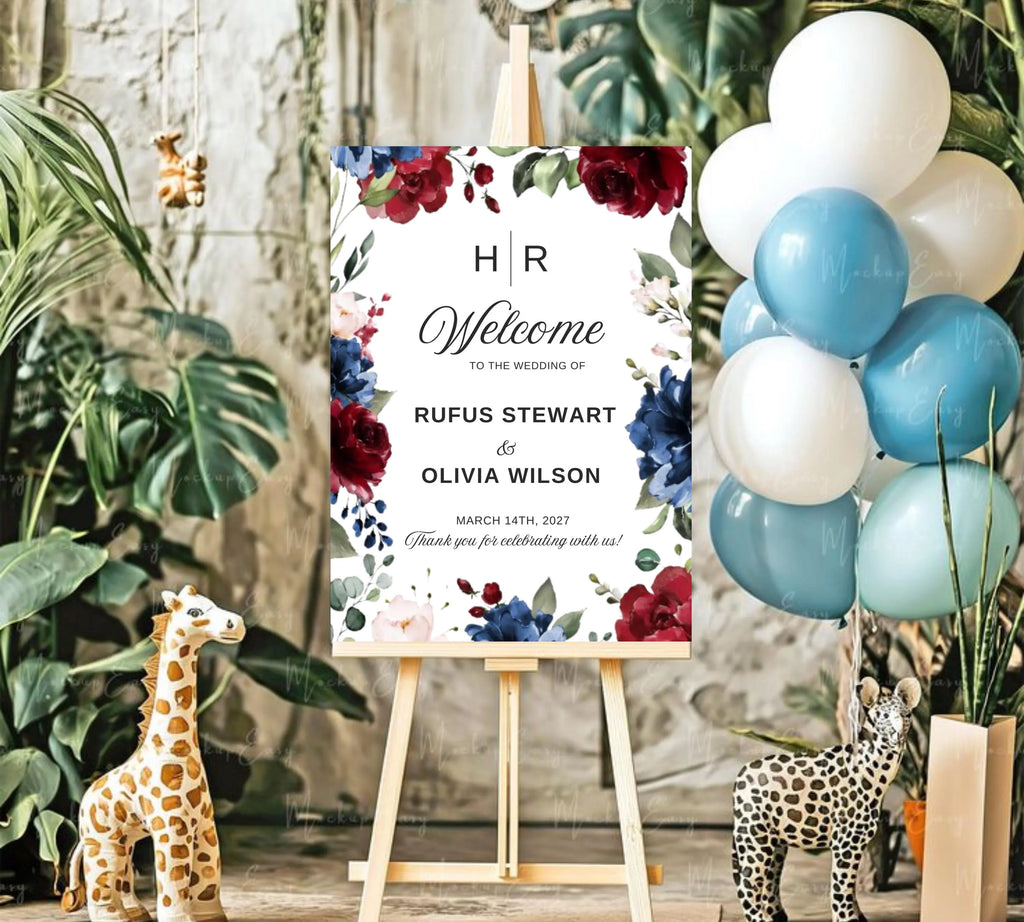 Burgundy and Navy Blue Wedding Welcome Sign Template, Floral Sign Template, Deep Red Wedding Welcome Sign, Decor Display Digital Download