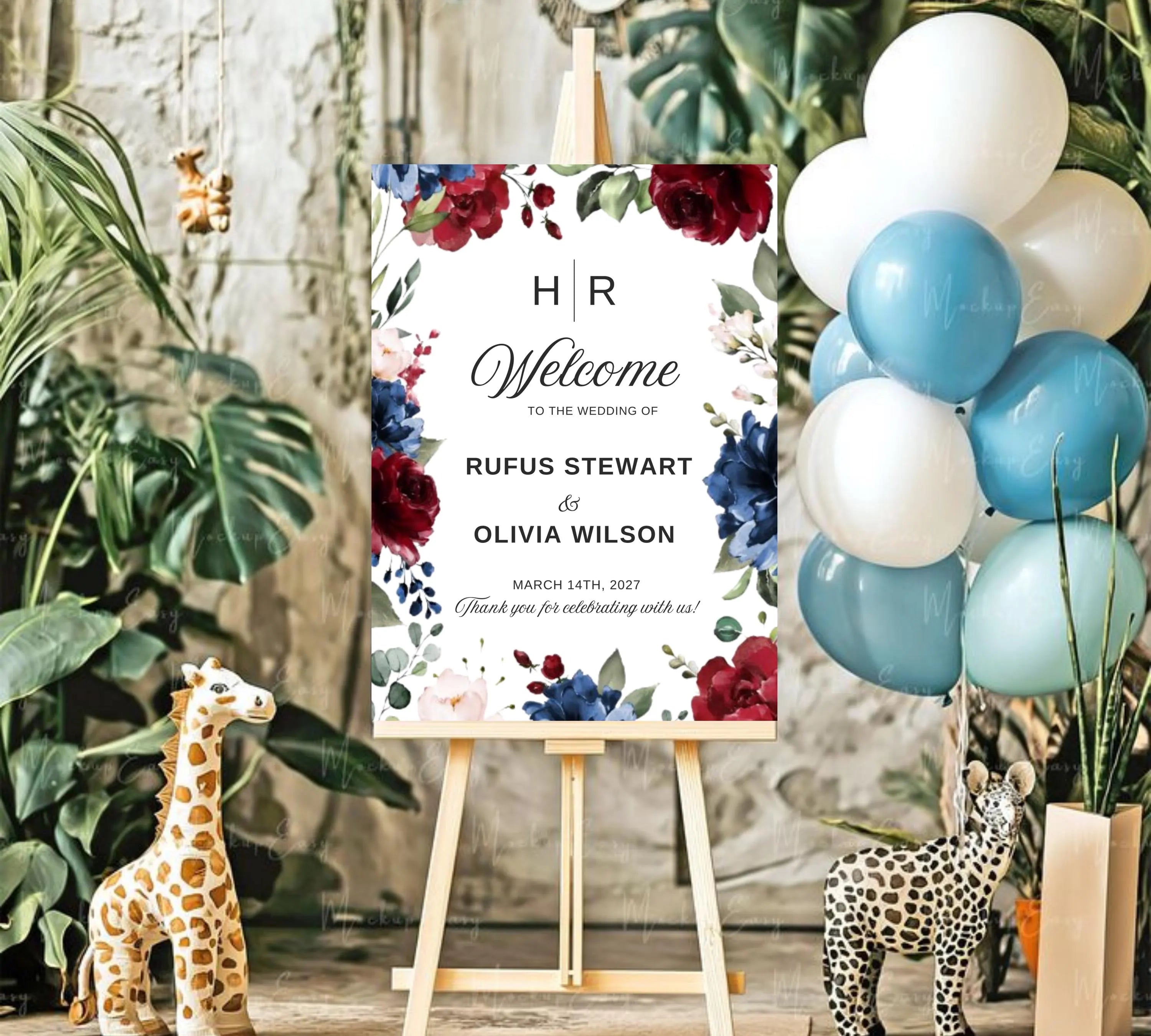 Burgundy and Navy Blue Wedding Welcome Sign Template, Floral Sign Template, Deep Red Wedding Welcome Sign, Decor Display Digital Download