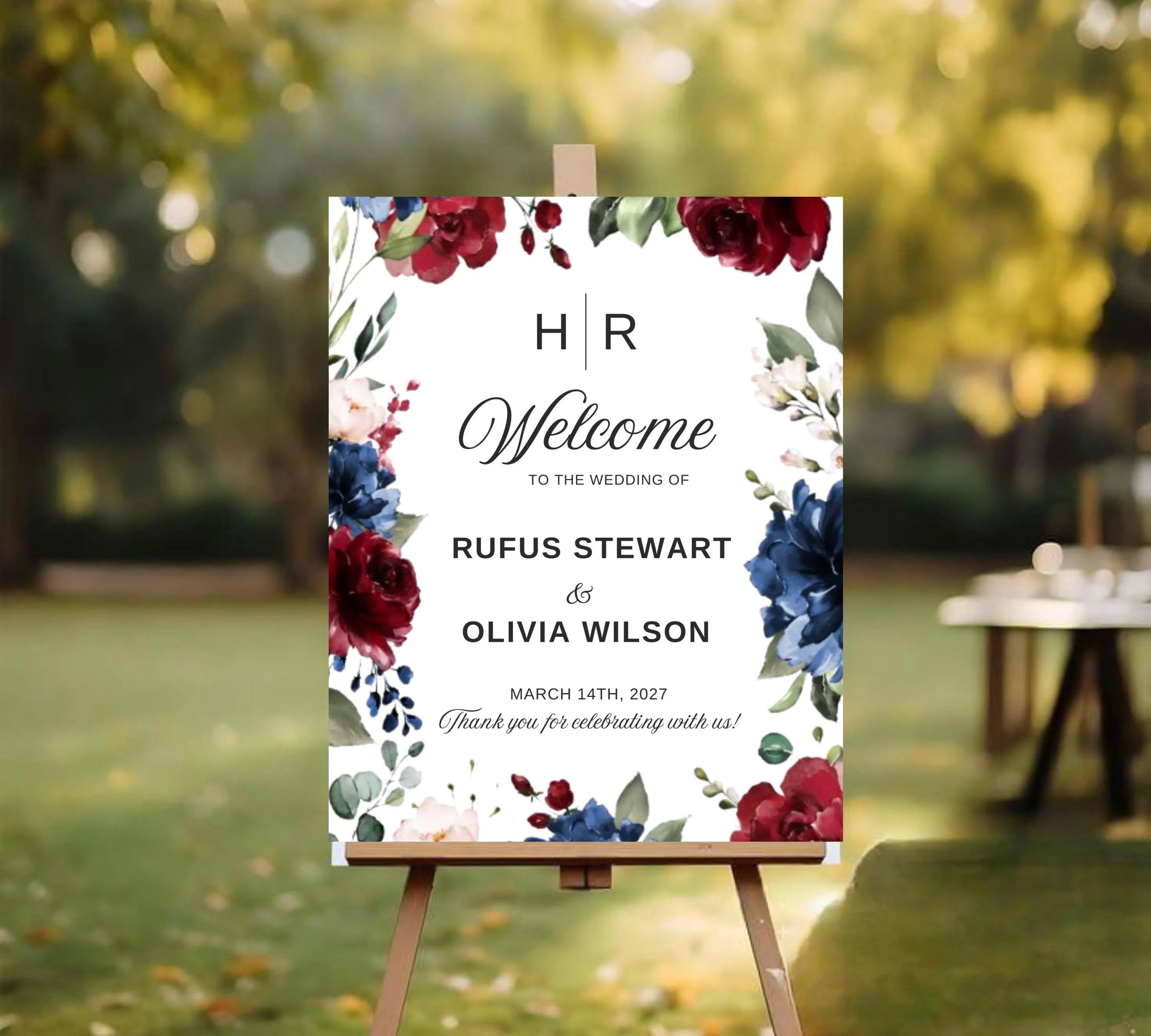 Burgundy and Navy Blue Wedding Welcome Sign Template, Floral Sign Template, Deep Red Wedding Welcome Sign, Decor Display Digital Download