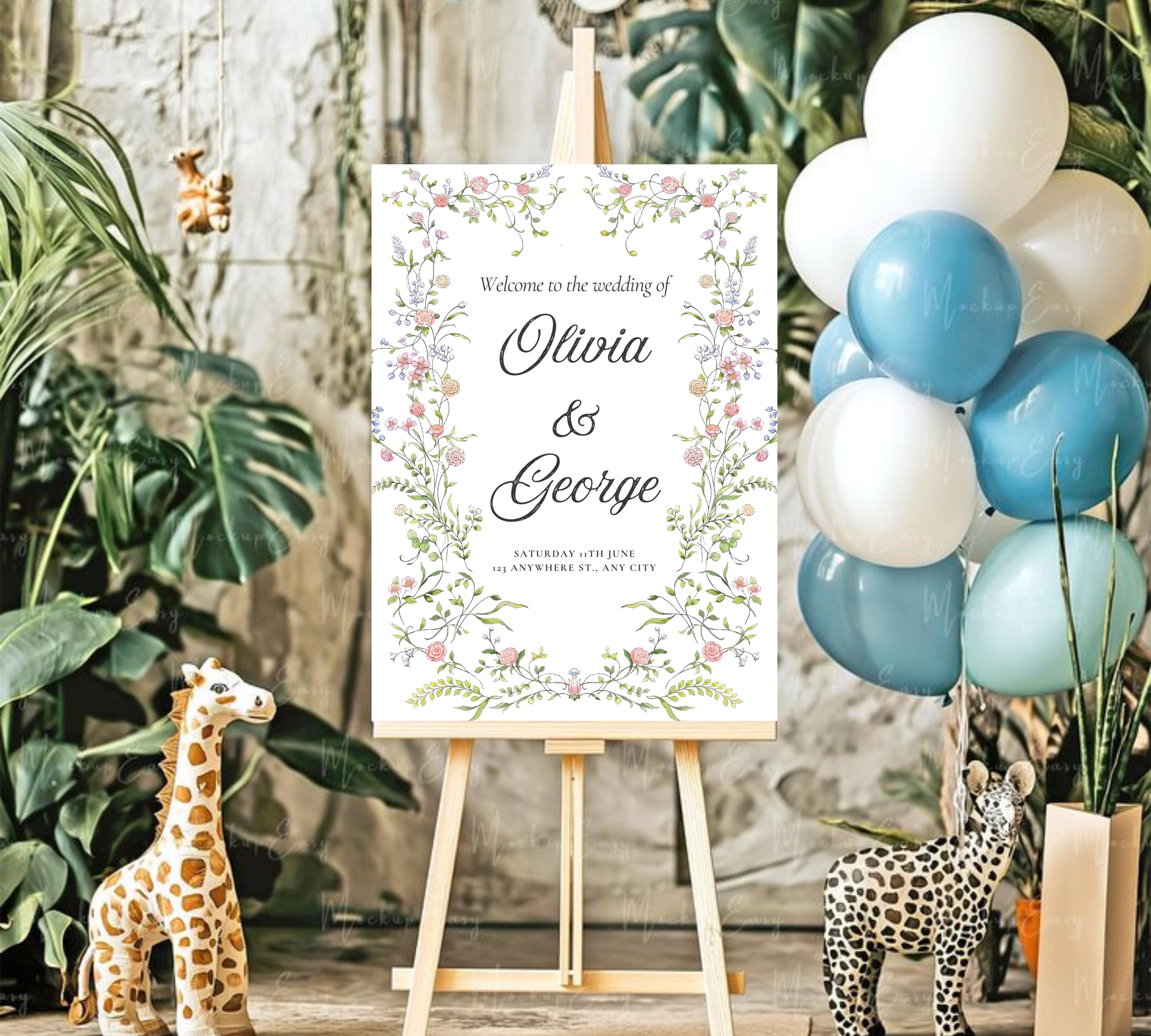 Pastel Floral welcome Sign Garden Wedding sign, whimsical botanical wedding party welcome poster, Vintage Cottagecore wedding decor
