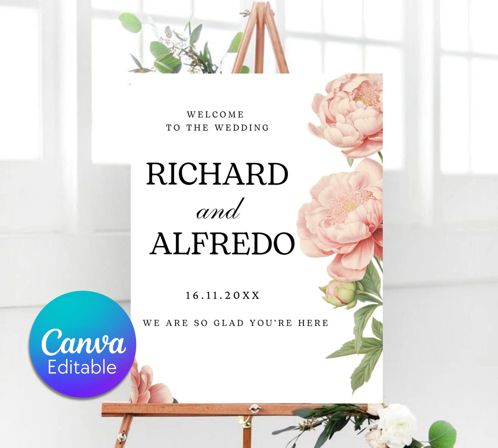 Editable Peony Wedding Welcome Sign Template, Pink Welcome Poster, Printable Peonies Wedding Welcome Board, Welcome Wedding Sign Download