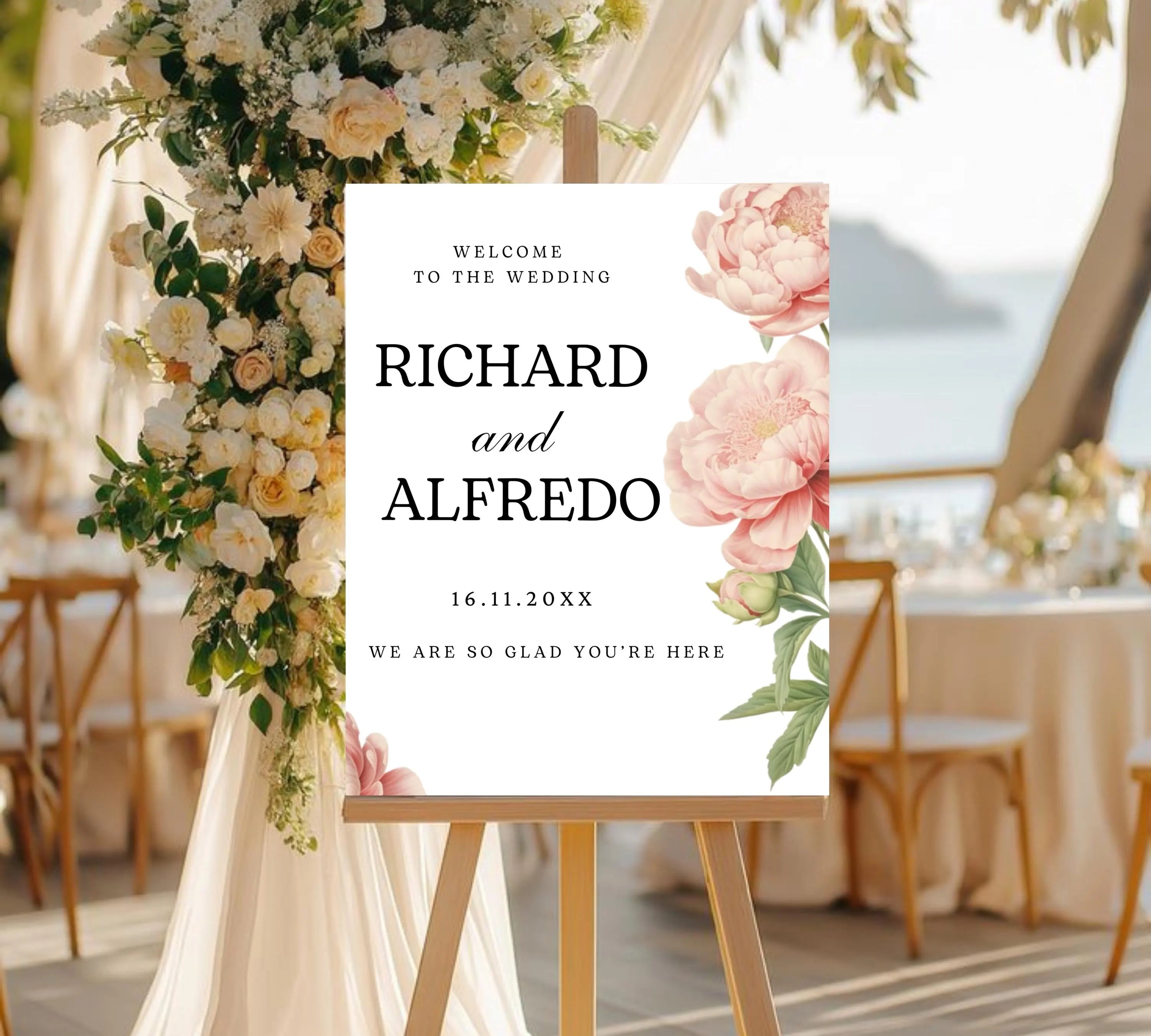 Editable Peony Wedding Welcome Sign Template, Pink Welcome Poster, Printable Peonies Wedding Welcome Board, Welcome Wedding Sign Download