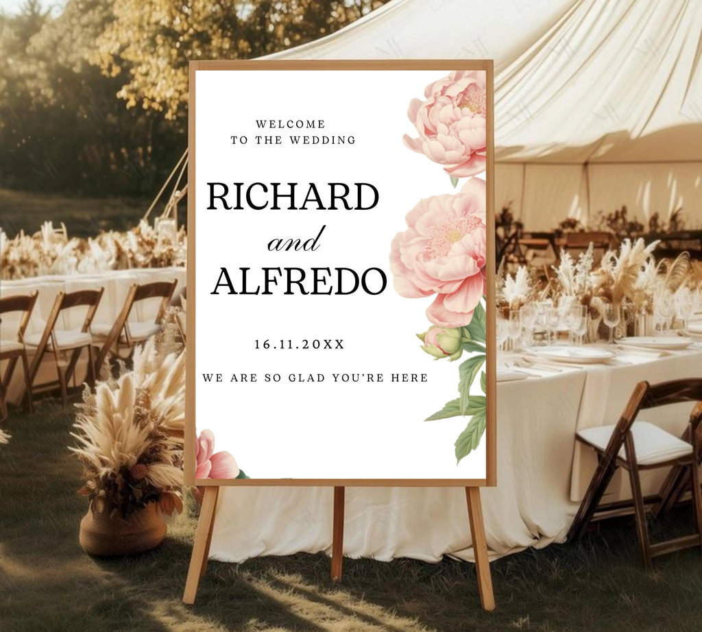 Editable Peony Wedding Welcome Sign Template, Pink Welcome Poster, Printable Peonies Wedding Welcome Board, Welcome Wedding Sign Download