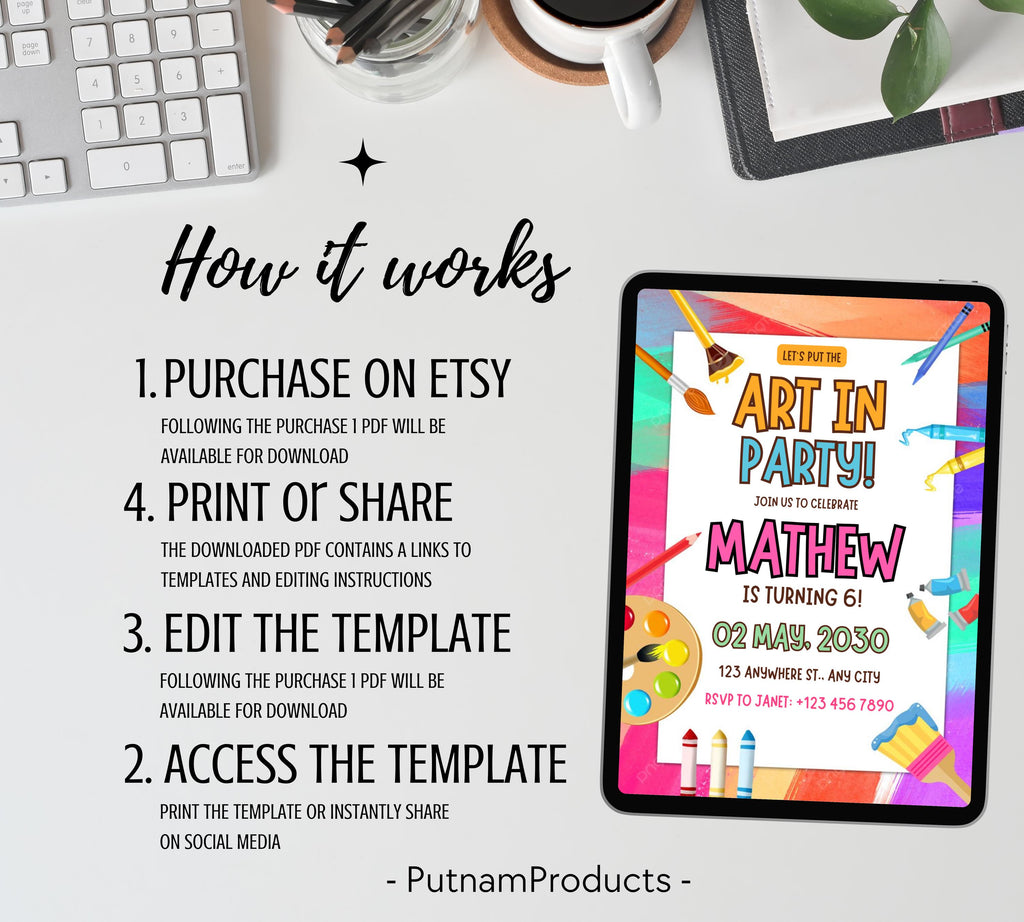 Art Painting Birthday Party Invitation, Art Party Invitation, Art Kids Birthday Party Invitation, Art Themed Invitation, Instant Download