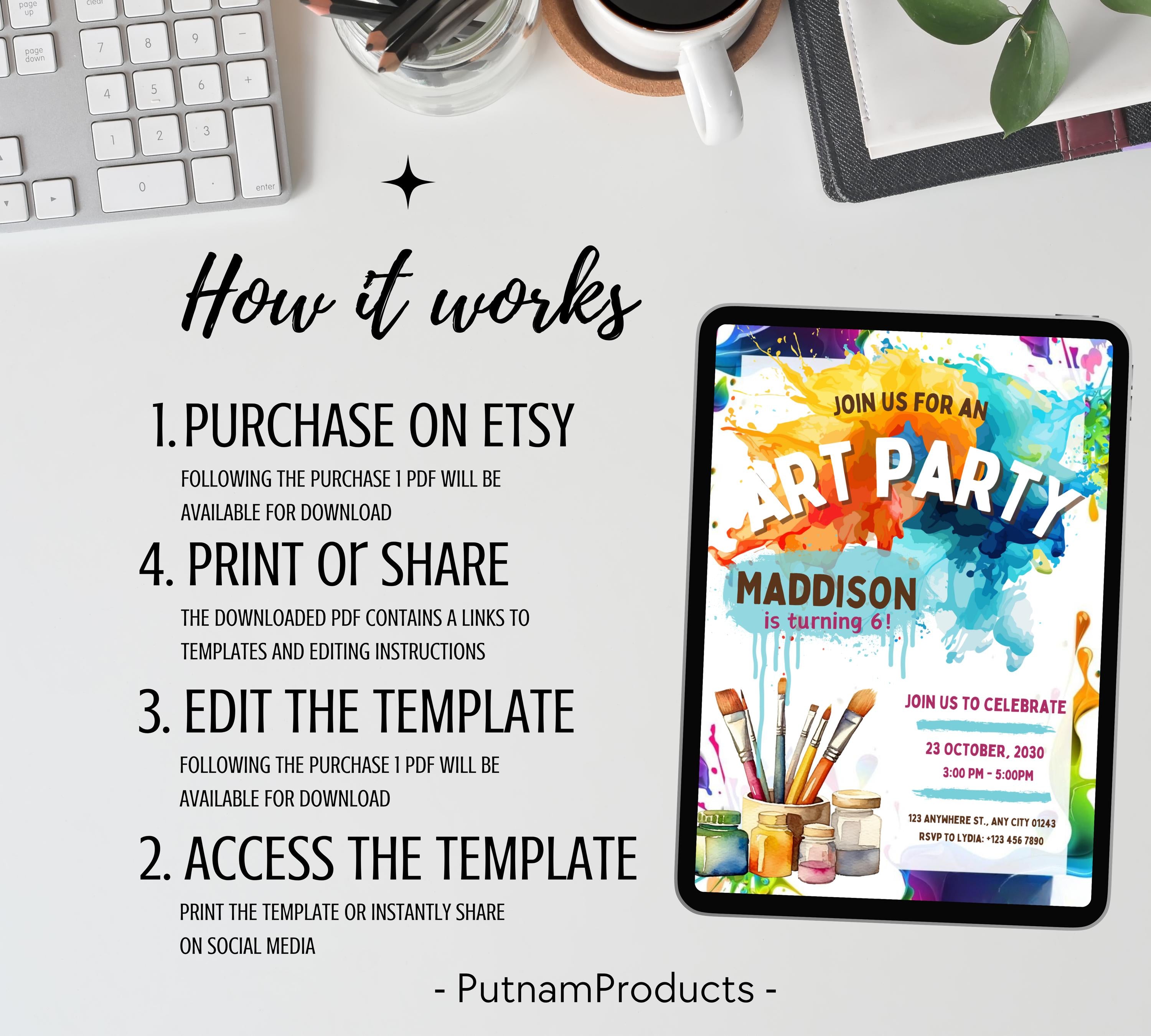 Art Painting Birthday Party Invitation, Art Party Invitation, Art Kids Birthday Party Invitation, Art Themed Invitation, Instant Download