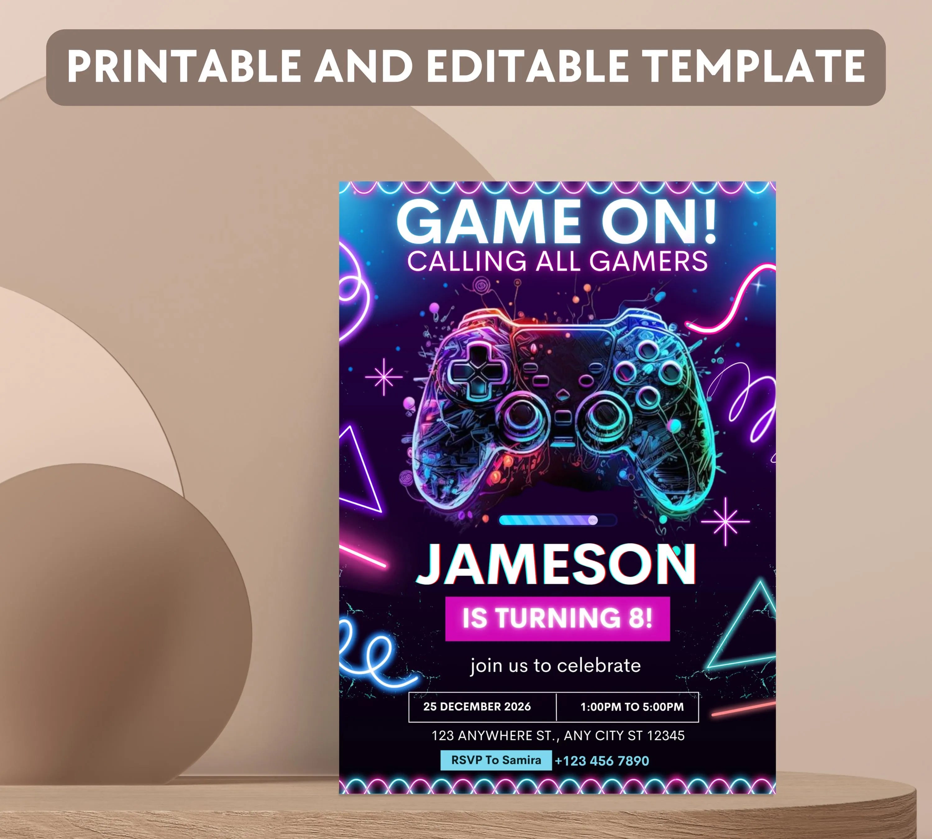 Editable Video Game Birthday Invitation, Video Game Kids Invitation, Neon Level Up Gaming Birthday Party Invites, Instant Download