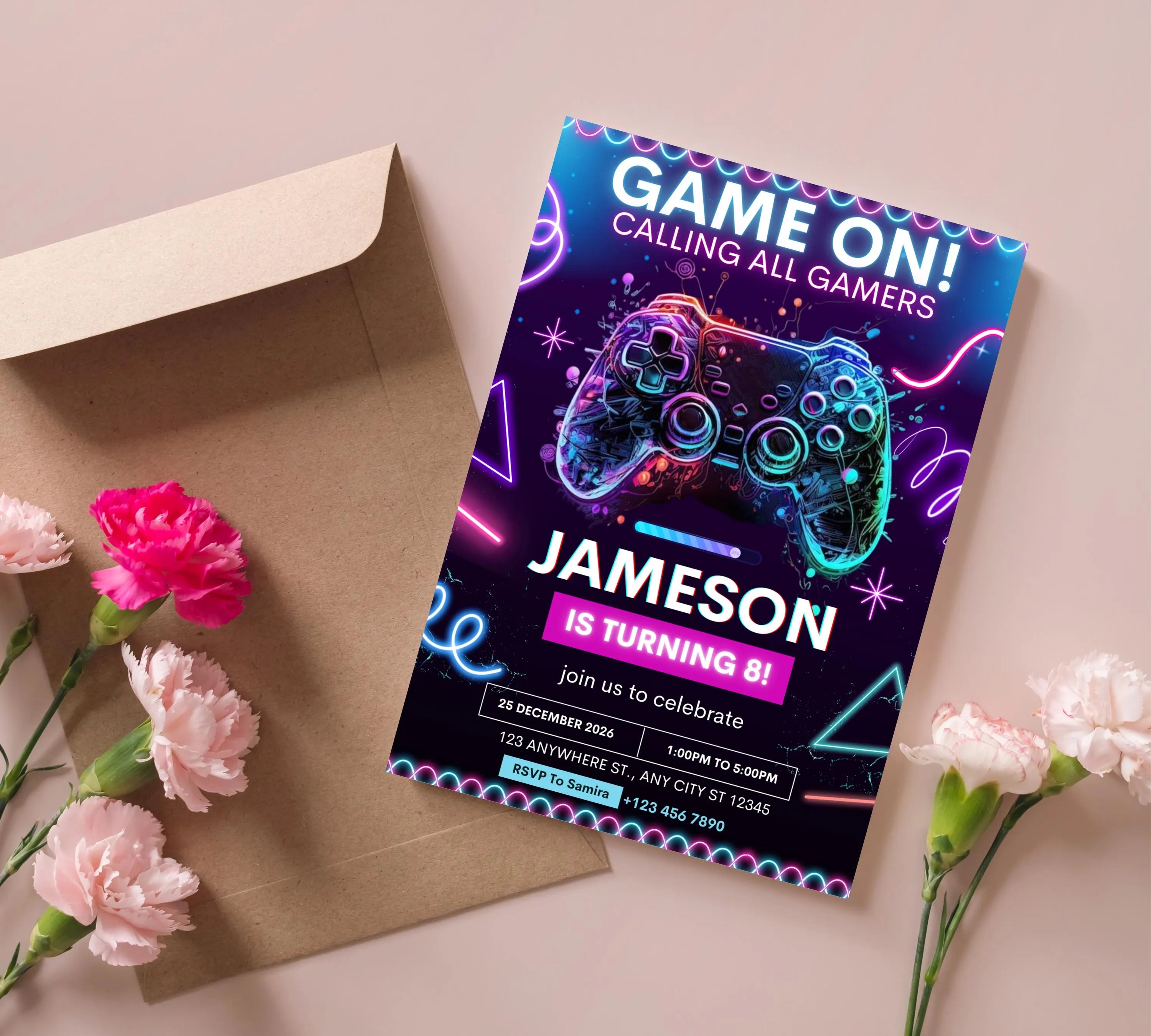 Editable Video Game Birthday Invitation, Video Game Kids Invitation, Neon Level Up Gaming Birthday Party Invites, Instant Download