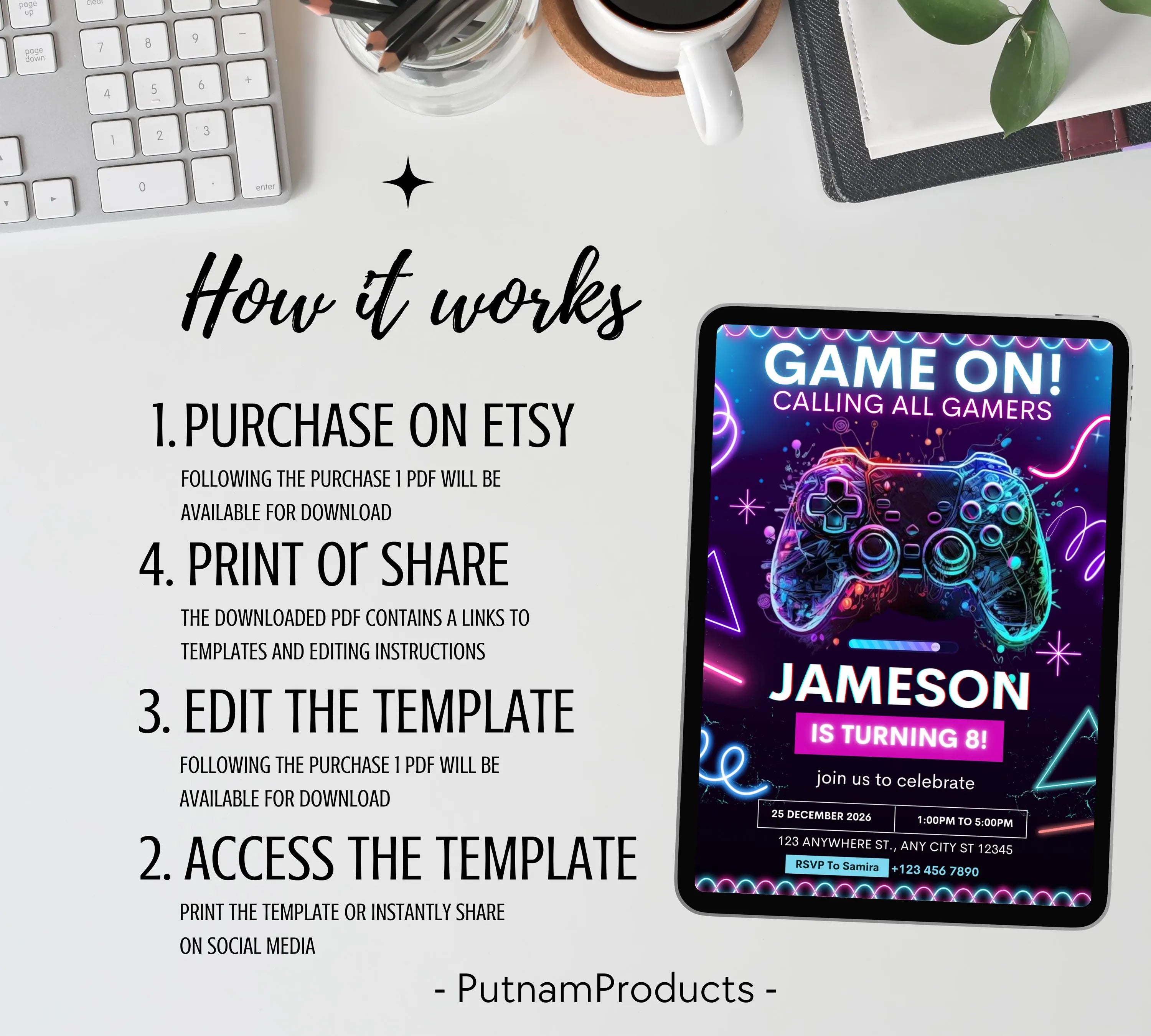 Editable Video Game Birthday Invitation, Video Game Kids Invitation, Neon Level Up Gaming Birthday Party Invites, Instant Download