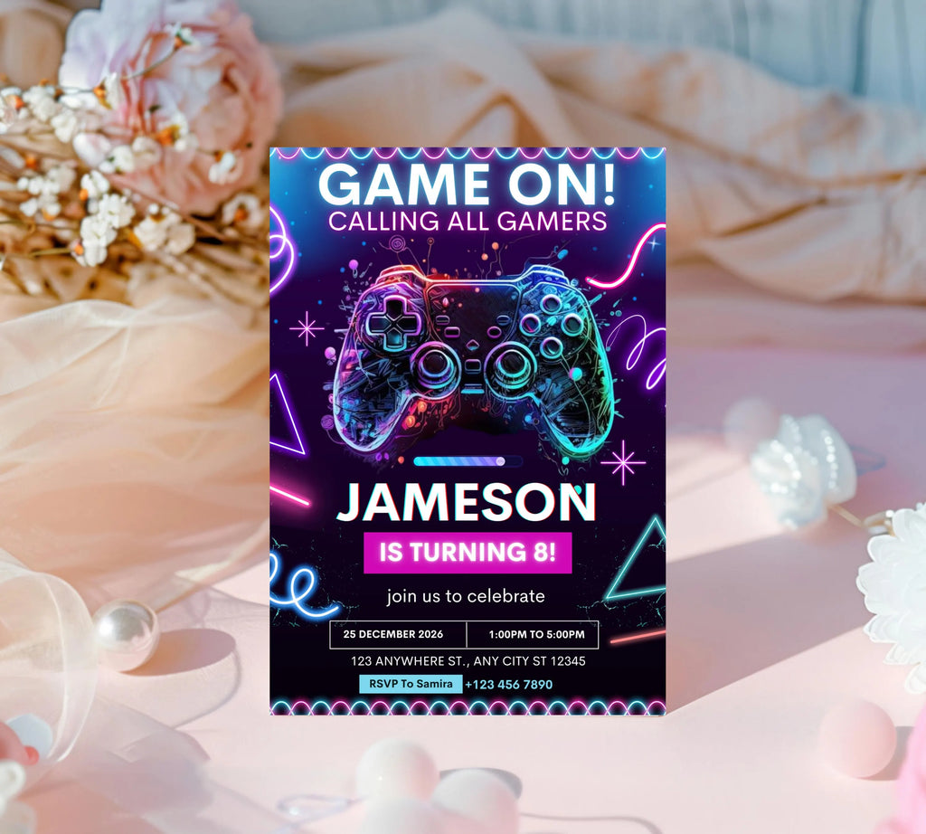 Editable Video Game Birthday Invitation, Video Game Kids Invitation, Neon Level Up Gaming Birthday Party Invites, Instant Download