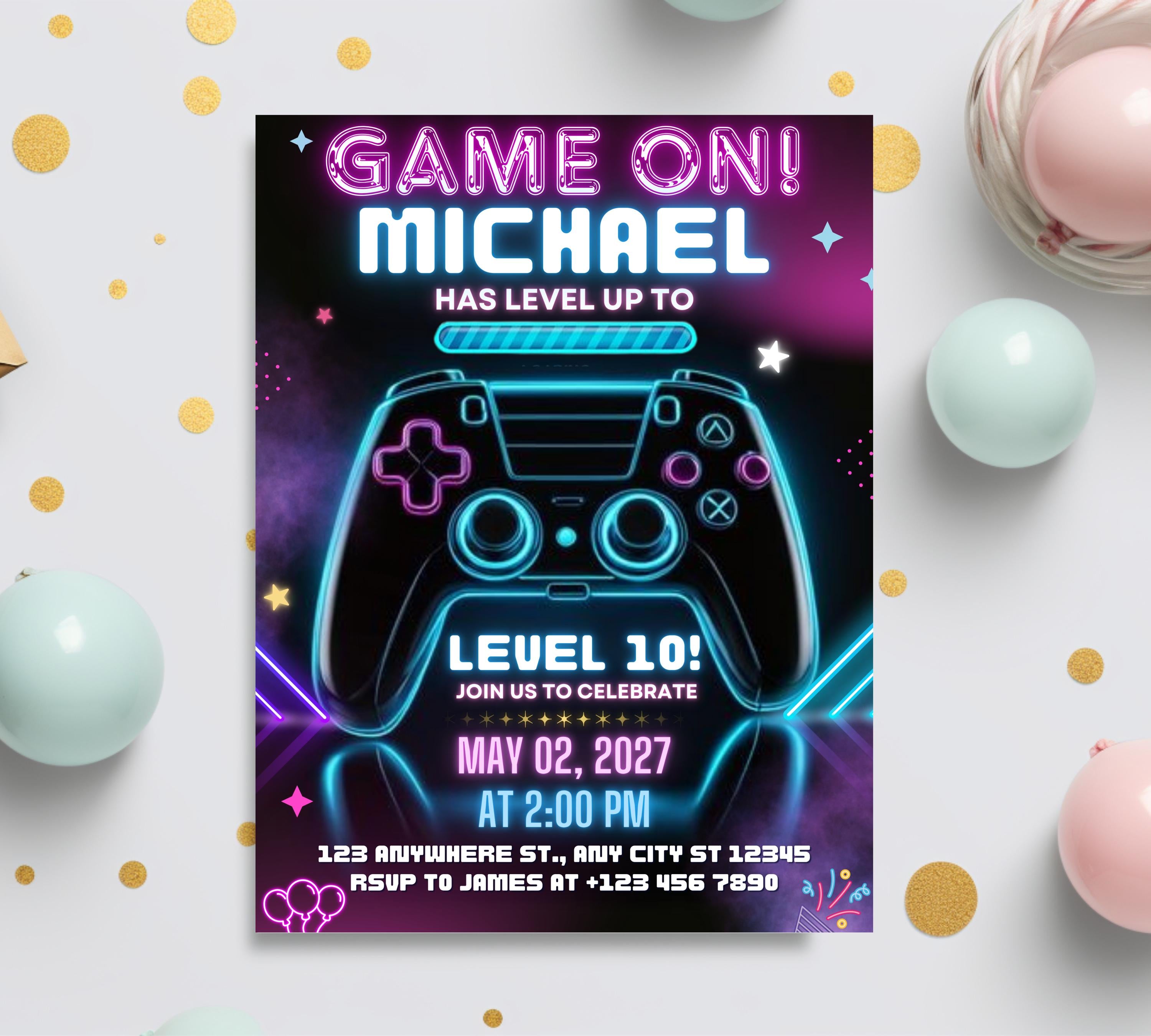 Video Game Birthday Invitation, Gamer Kids Party Invitation, Neon Game Level Up Birthday Party, Glow Game Party Invite, Neon Glow Invitation