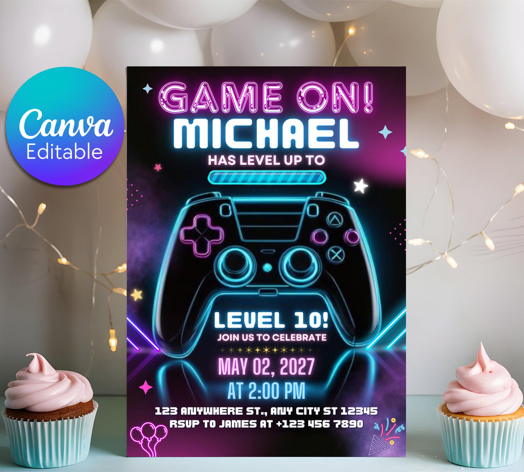 Video Game Birthday Invitation, Gamer Kids Party Invitation, Neon Game Level Up Birthday Party, Glow Game Party Invite, Neon Glow Invitation
