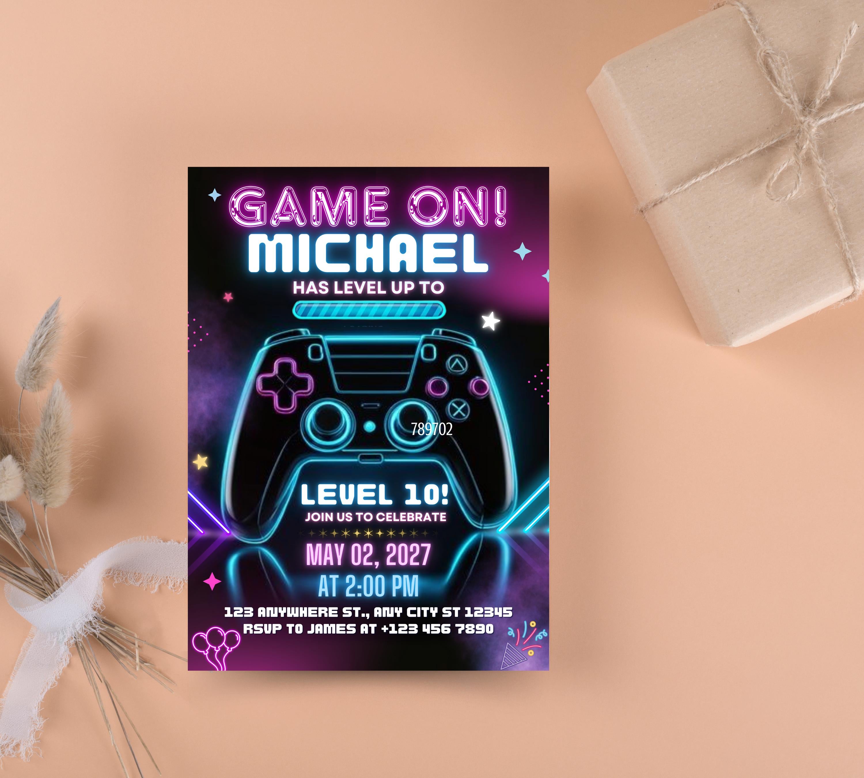 Video Game Birthday Invitation, Gamer Kids Party Invitation, Neon Game Level Up Birthday Party, Glow Game Party Invite, Neon Glow Invitation