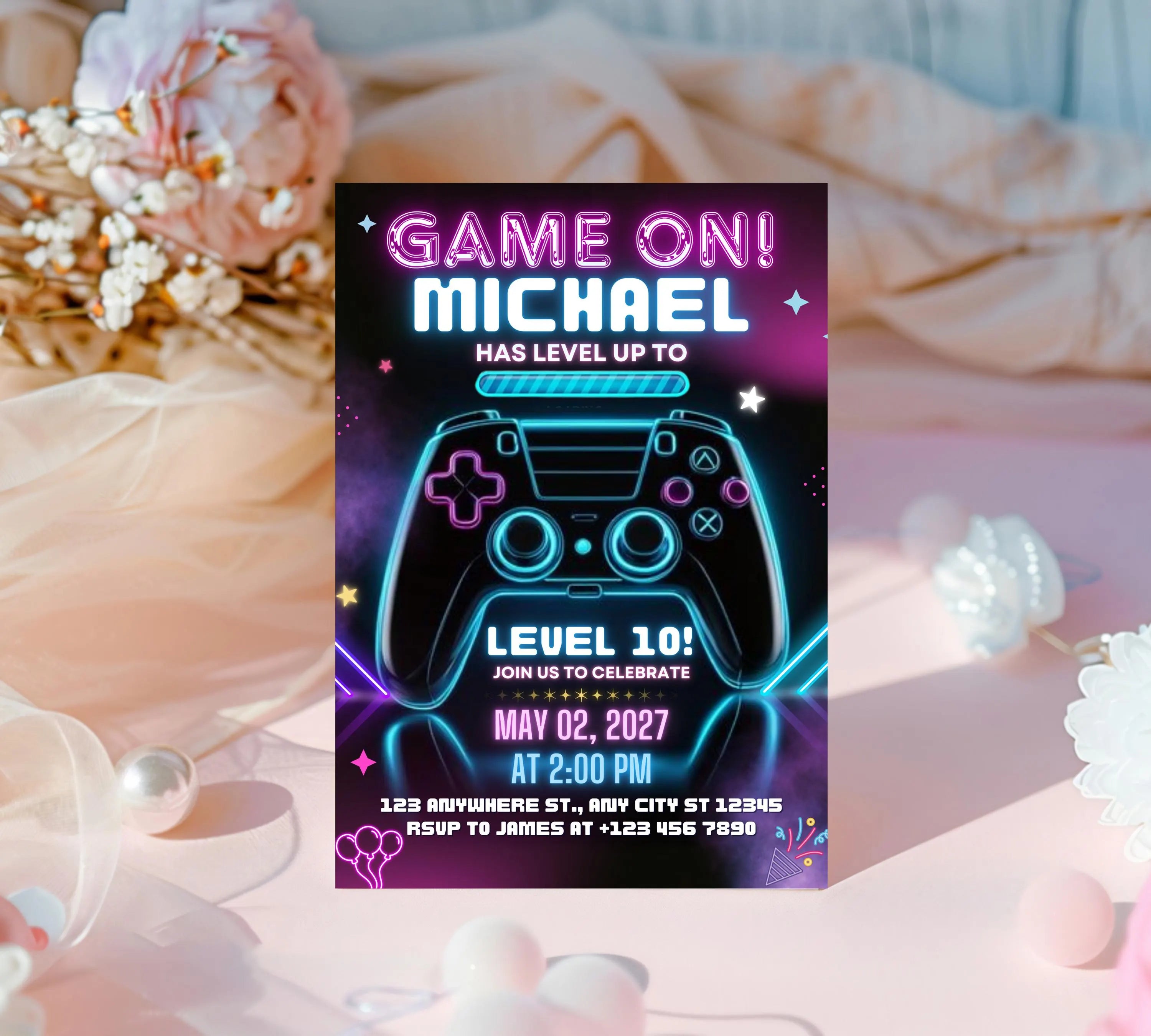 Video Game Birthday Invitation, Gamer Kids Party Invitation, Neon Game Level Up Birthday Party, Glow Game Party Invite, Neon Glow Invitation