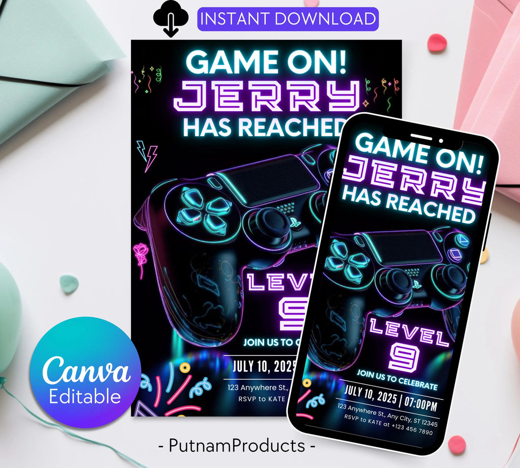 Neone Video Game Birthday Invitation, Video Game Invitation, Video Game Invite, Arcade Game, Boys Gamer Party, Game Party, Editable Canva