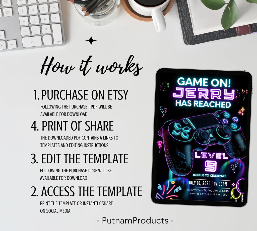 Neone Video Game Birthday Invitation, Video Game Invitation, Video Game Invite, Arcade Game, Boys Gamer Party, Game Party, Editable Canva