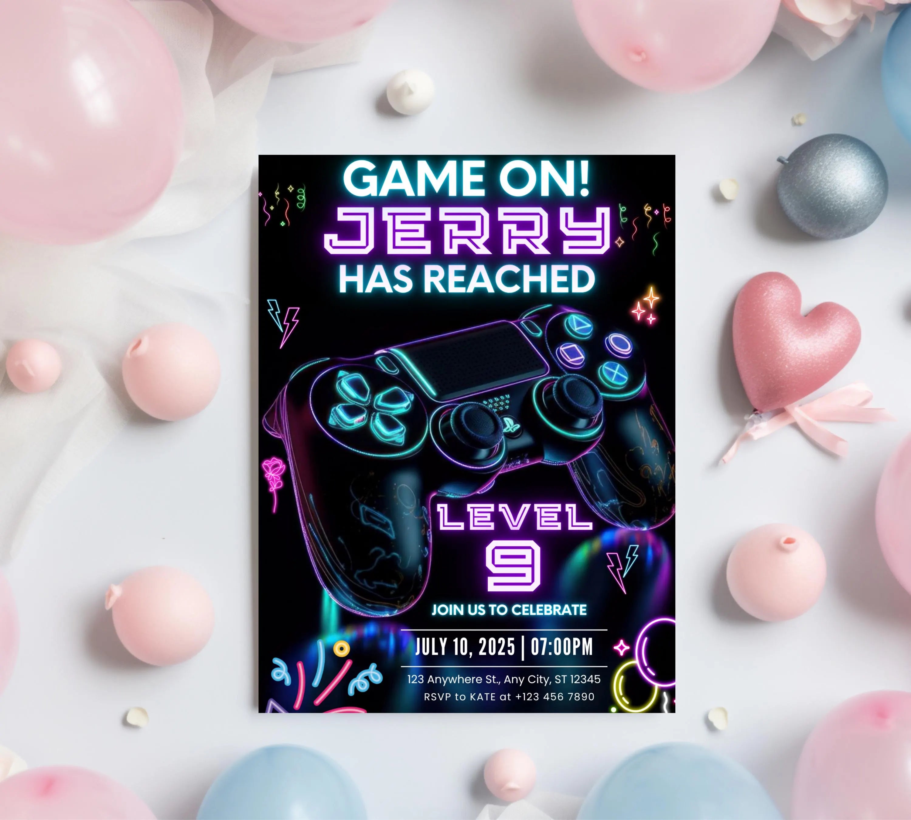 Neone Video Game Birthday Invitation, Video Game Invitation, Video Game Invite, Arcade Game, Boys Gamer Party, Game Party, Editable Canva