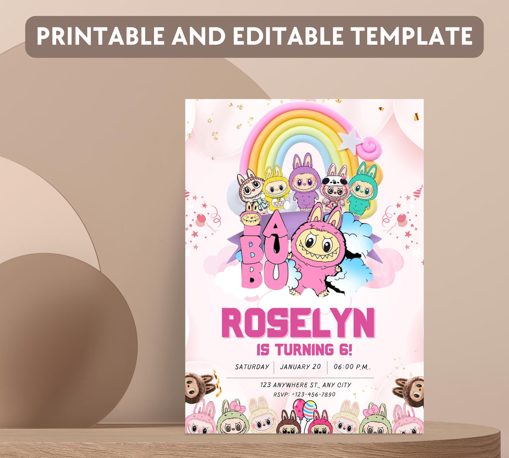 Pink Labubu Birthday Invitation, Labubu Kids Birthday invitation, Kids Bday Digital Invite, Editable Invitation, Kids Birthday Invite