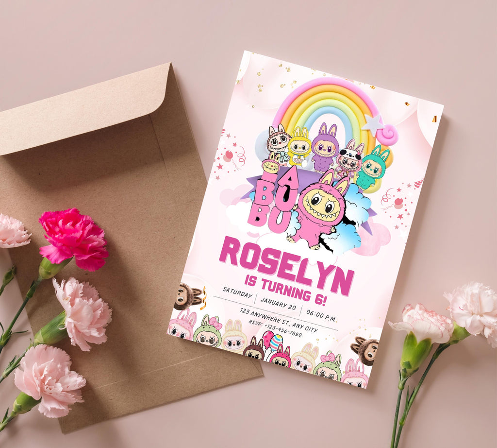 Pink Labubu Birthday Invitation, Labubu Kids Birthday invitation, Kids Bday Digital Invite, Editable Invitation, Kids Birthday Invite