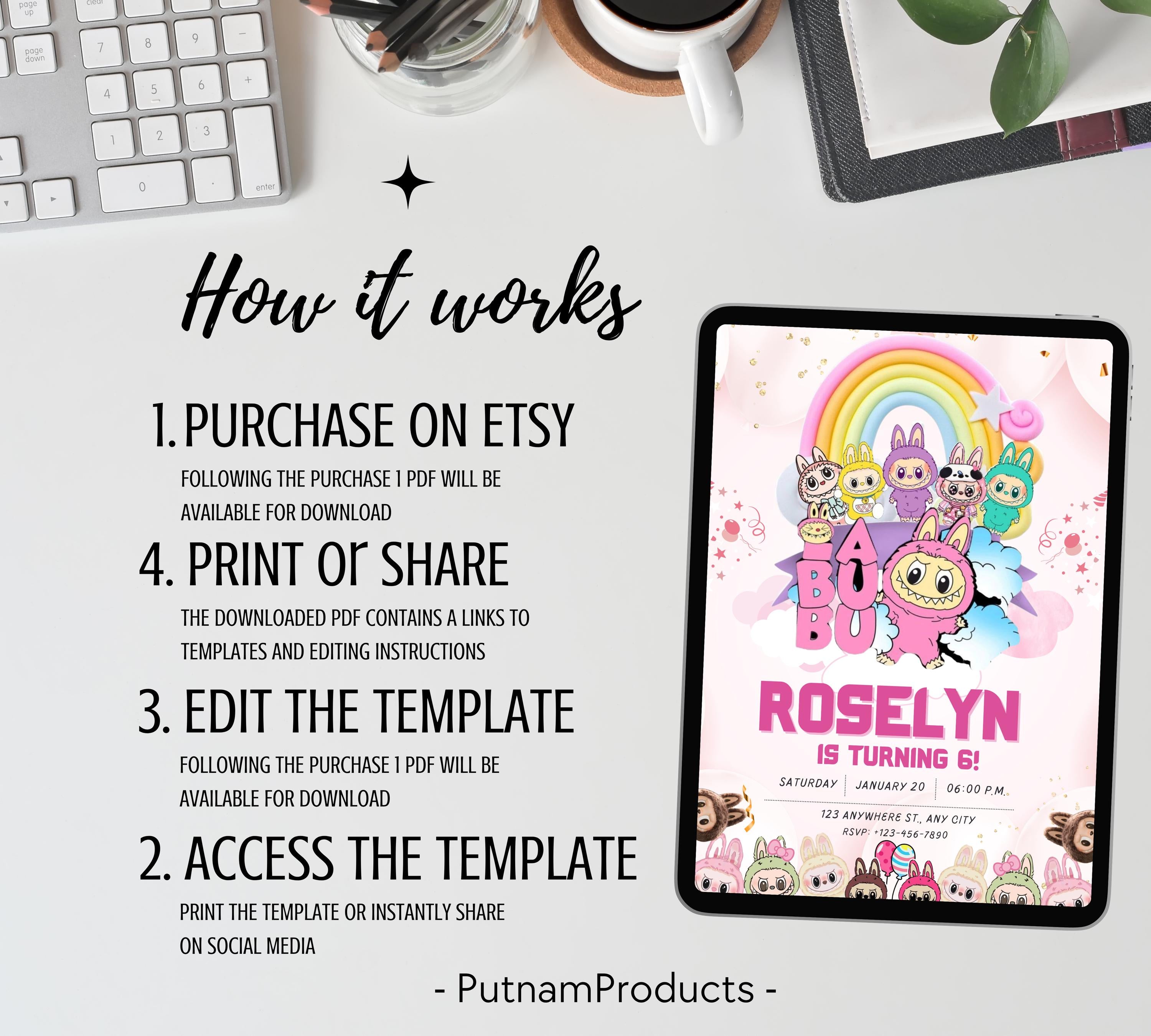 Pink Labubu Birthday Invitation, Labubu Kids Birthday invitation, Kids Bday Digital Invite, Editable Invitation, Kids Birthday Invite