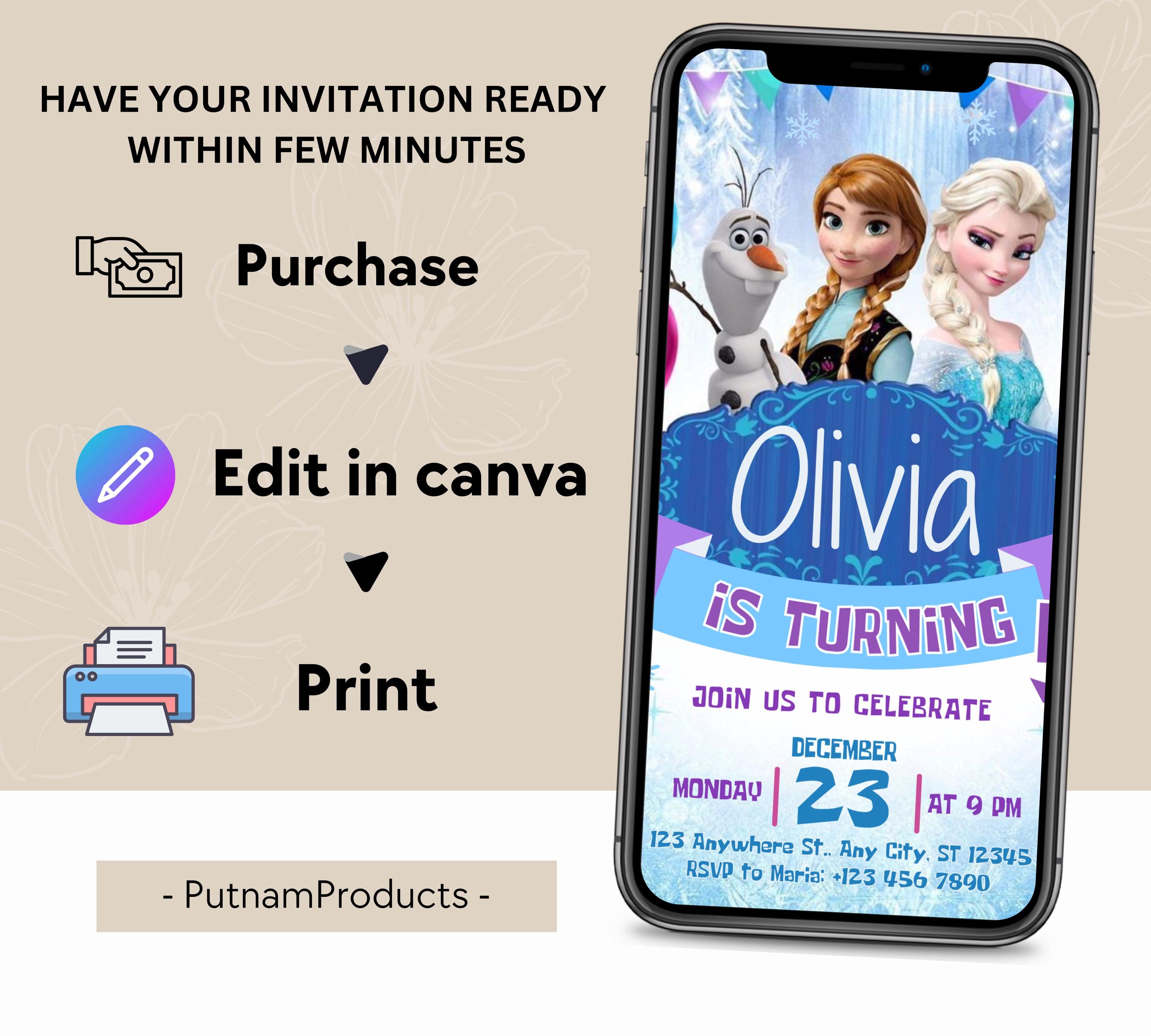 Editable Frozen Birthday Invitation, Frozen Party Elsa Invitation, Winter Snow Kids Birthday Invite, Kids Birthday Invite, Instant Download