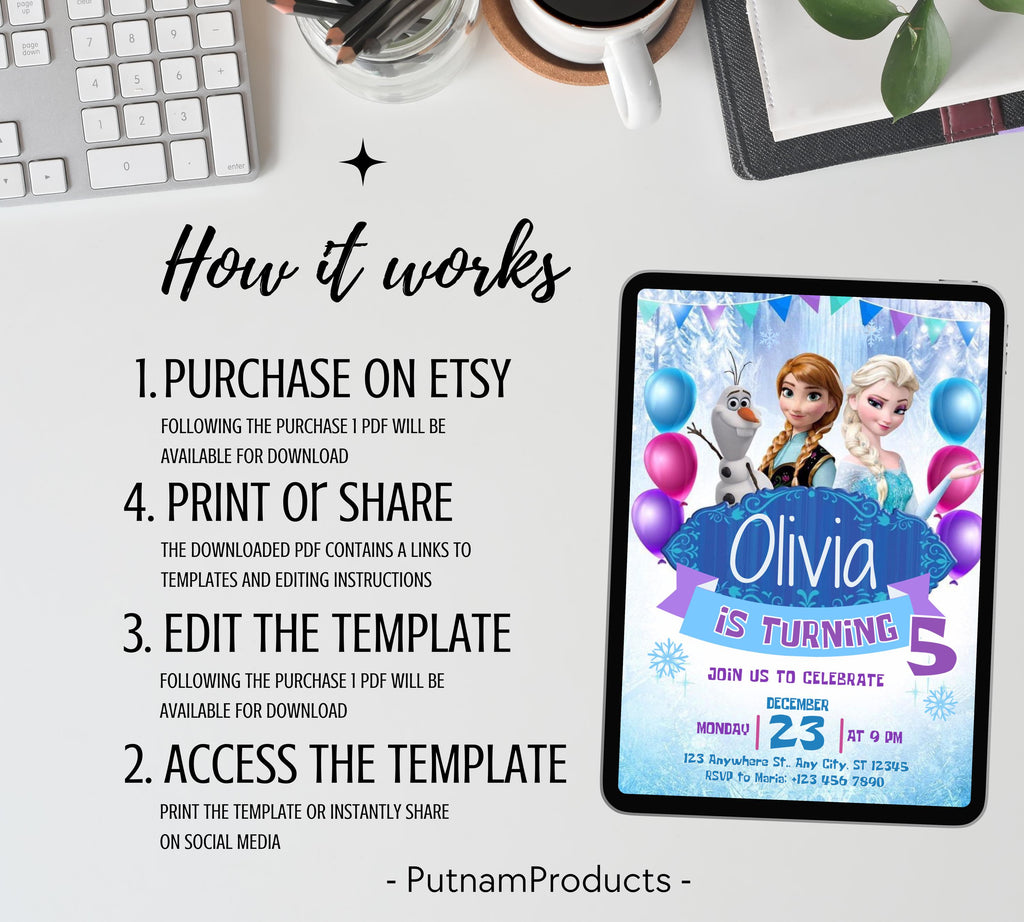 Editable Frozen Birthday Invitation, Frozen Party Elsa Invitation, Winter Snow Kids Birthday Invite, Kids Birthday Invite, Instant Download