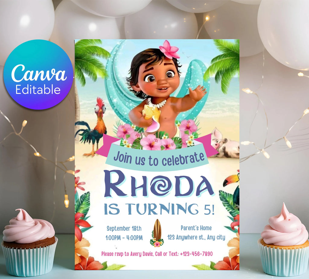 Baby Moana Birthday Invitation, Editable Digital Moana Birthday Invite, Kids Theme Party Invitation, Digital Baby Moana Invitation Template