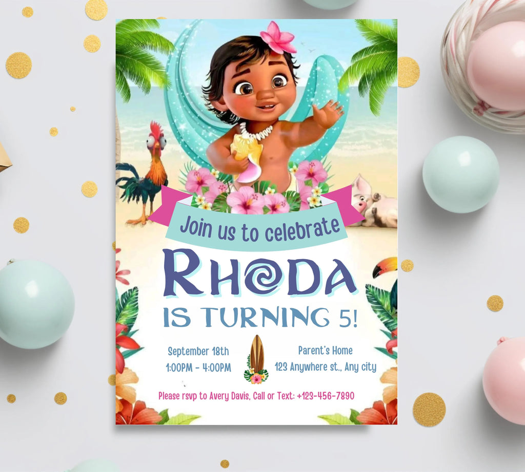 Baby Moana Birthday Invitation, Editable Digital Moana Birthday Invite, Kids Theme Party Invitation, Digital Baby Moana Invitation Template