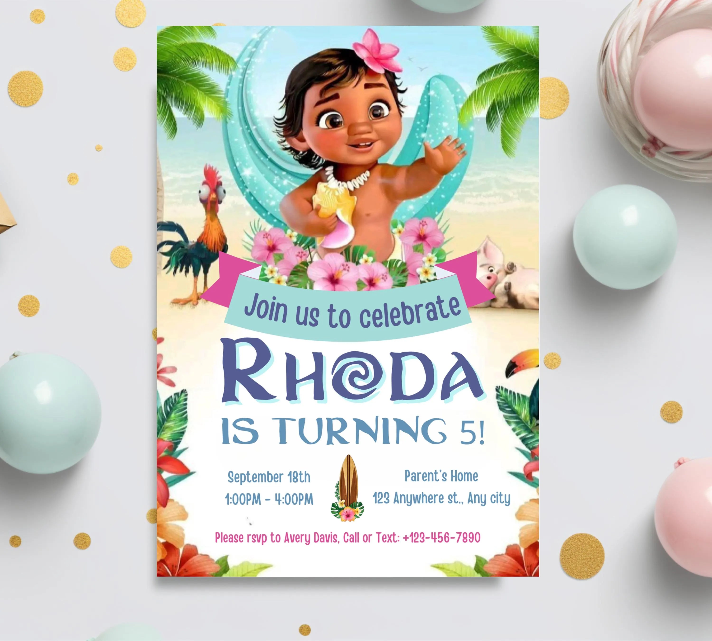 Baby Moana Birthday Invitation, Editable Digital Moana Birthday Invite, Kids Theme Party Invitation, Digital Baby Moana Invitation Template