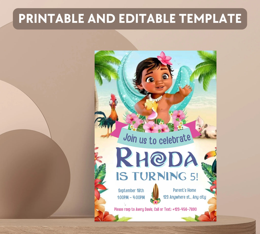 Baby Moana Birthday Invitation, Editable Digital Moana Birthday Invite, Kids Theme Party Invitation, Digital Baby Moana Invitation Template