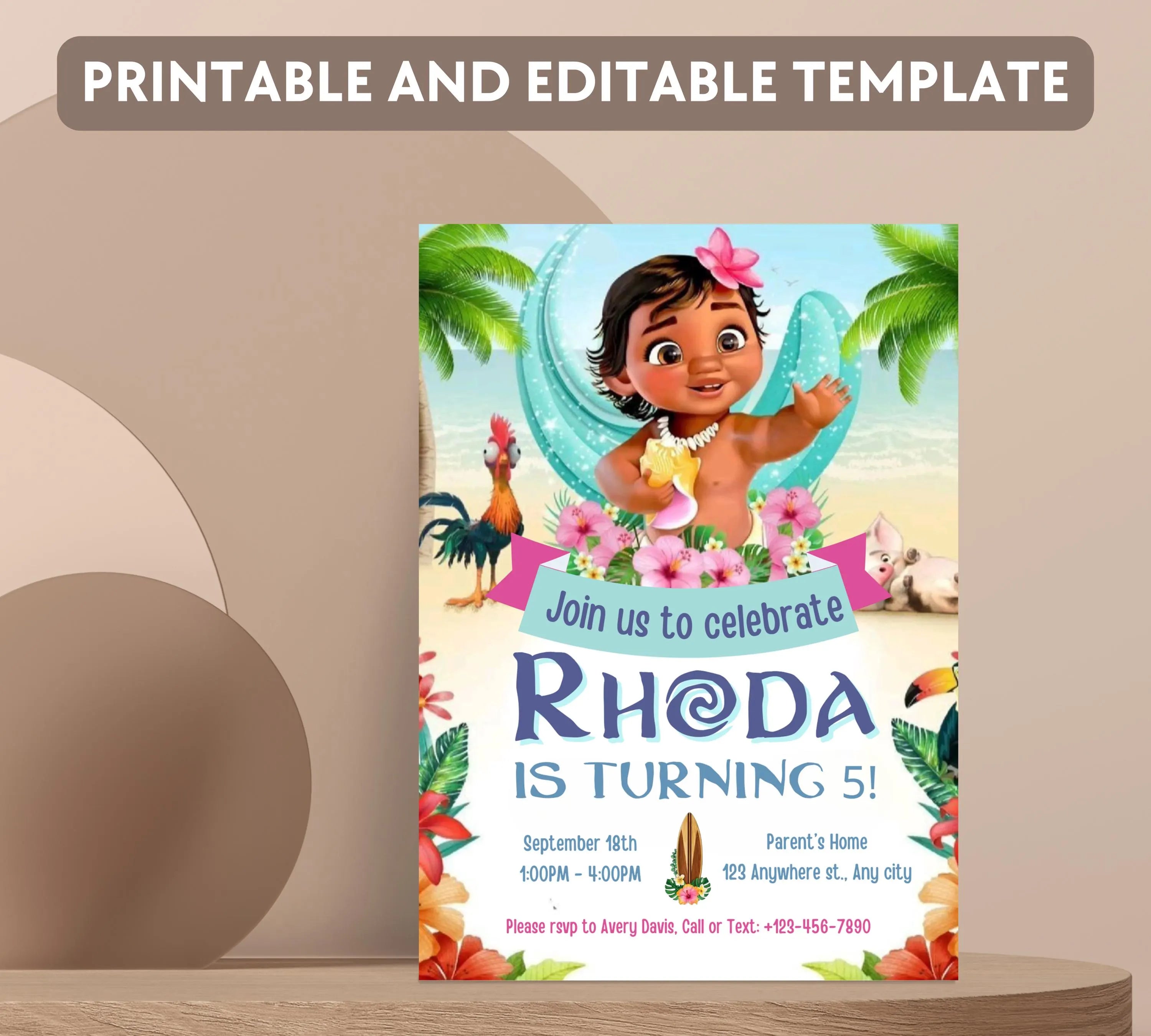 Baby Moana Birthday Invitation, Editable Digital Moana Birthday Invite, Kids Theme Party Invitation, Digital Baby Moana Invitation Template