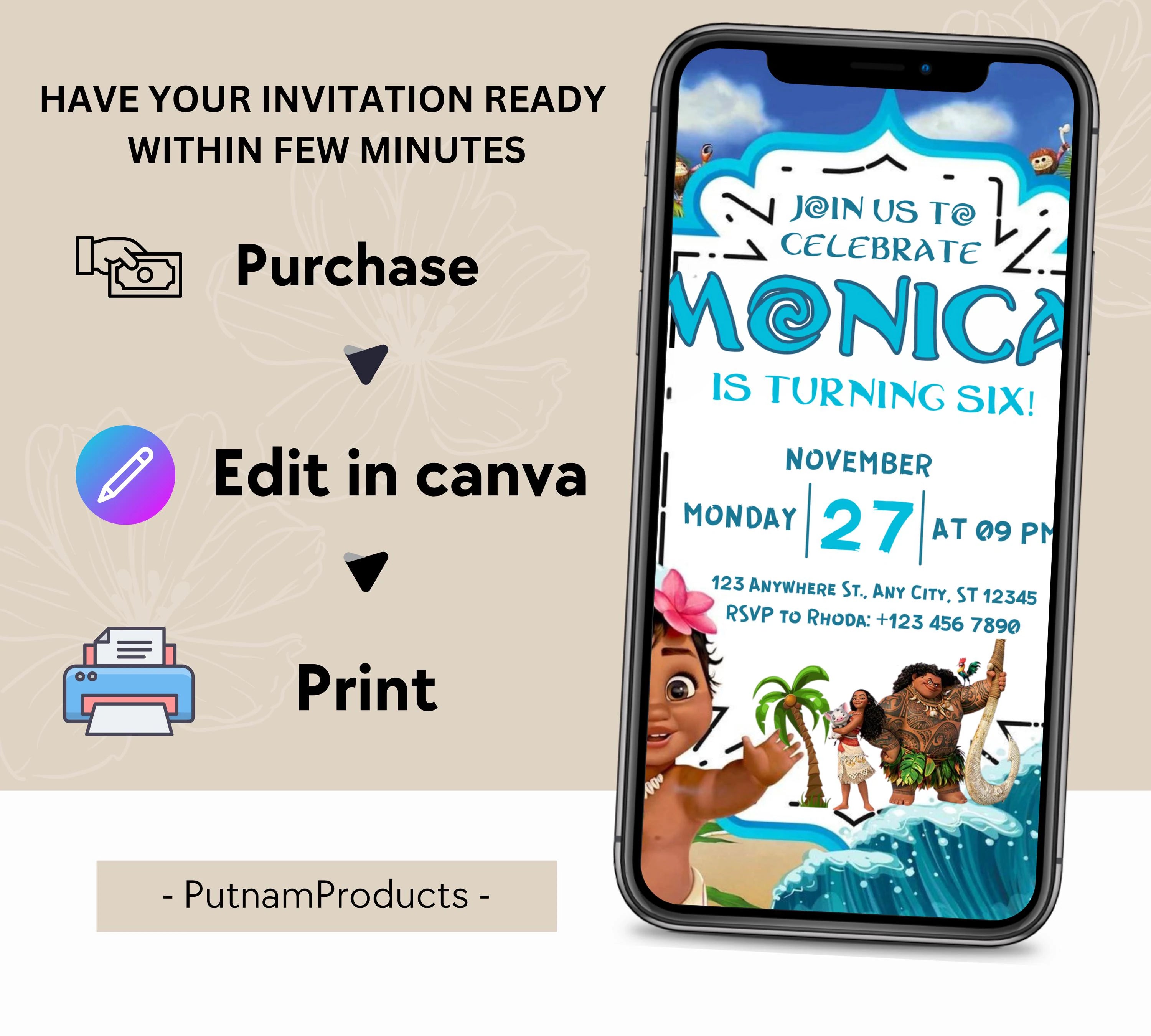 Editable Moana Birthday Invitation, Printable Digital Hawaiian Moana Birthday Invitation, Kids Theme Party Template Invite, Instant Download