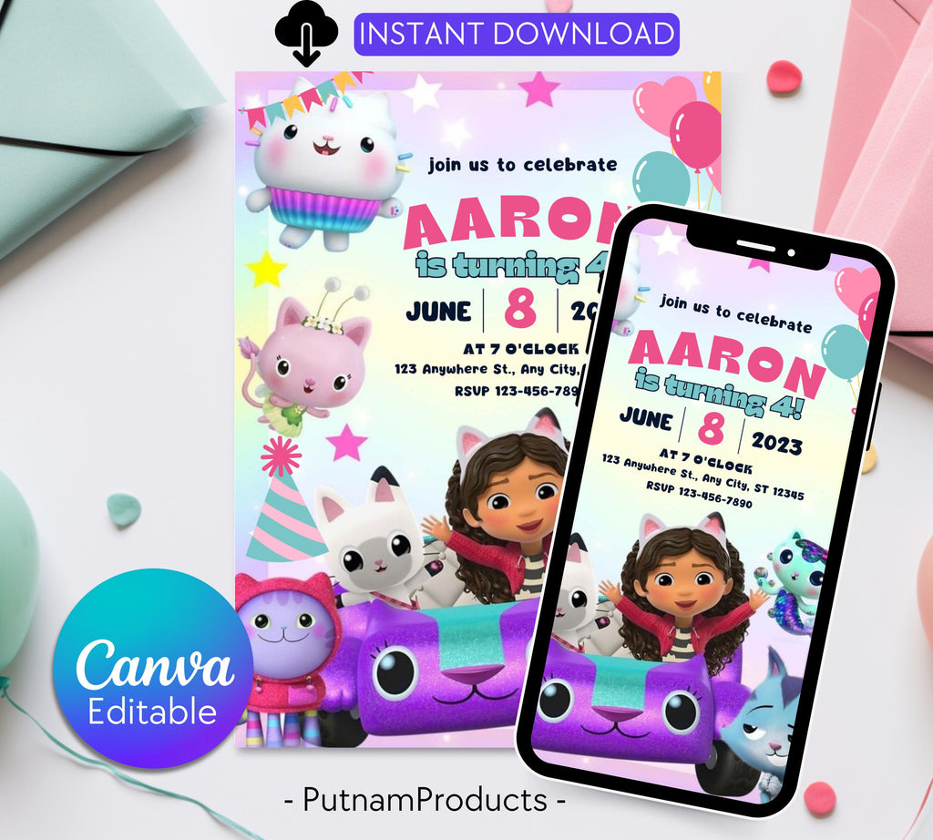 Editable Gabby Dollhouse Birthday Invitation, Gabbys Dollhouse Kids Party Invite, Digital Gabby Dollhouse Birthday Invite, Gabby Template