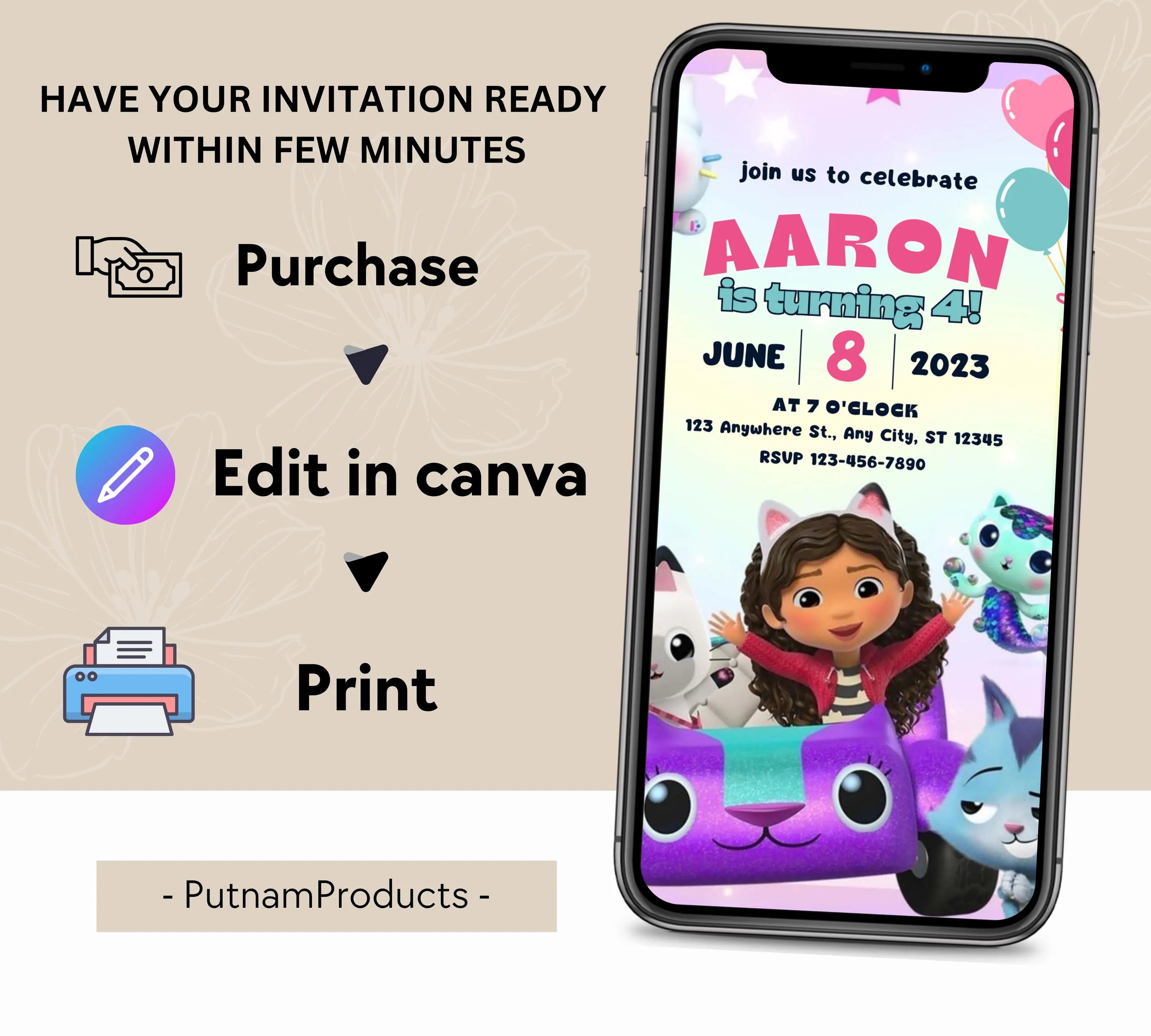 Editable Gabby Dollhouse Birthday Invitation, Gabbys Dollhouse Kids Party Invite, Digital Gabby Dollhouse Birthday Invite, Gabby Template