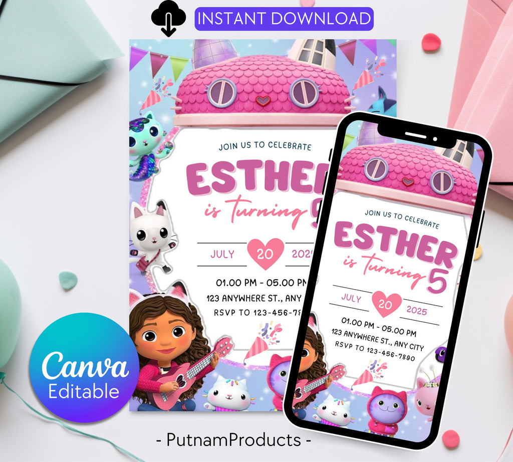 Editable Gabbys Dollhouse Birthday Invitation, Printable Kids Birthday Party Invitations, Digital Bday Party Invite, Gabby Invite Bday Card