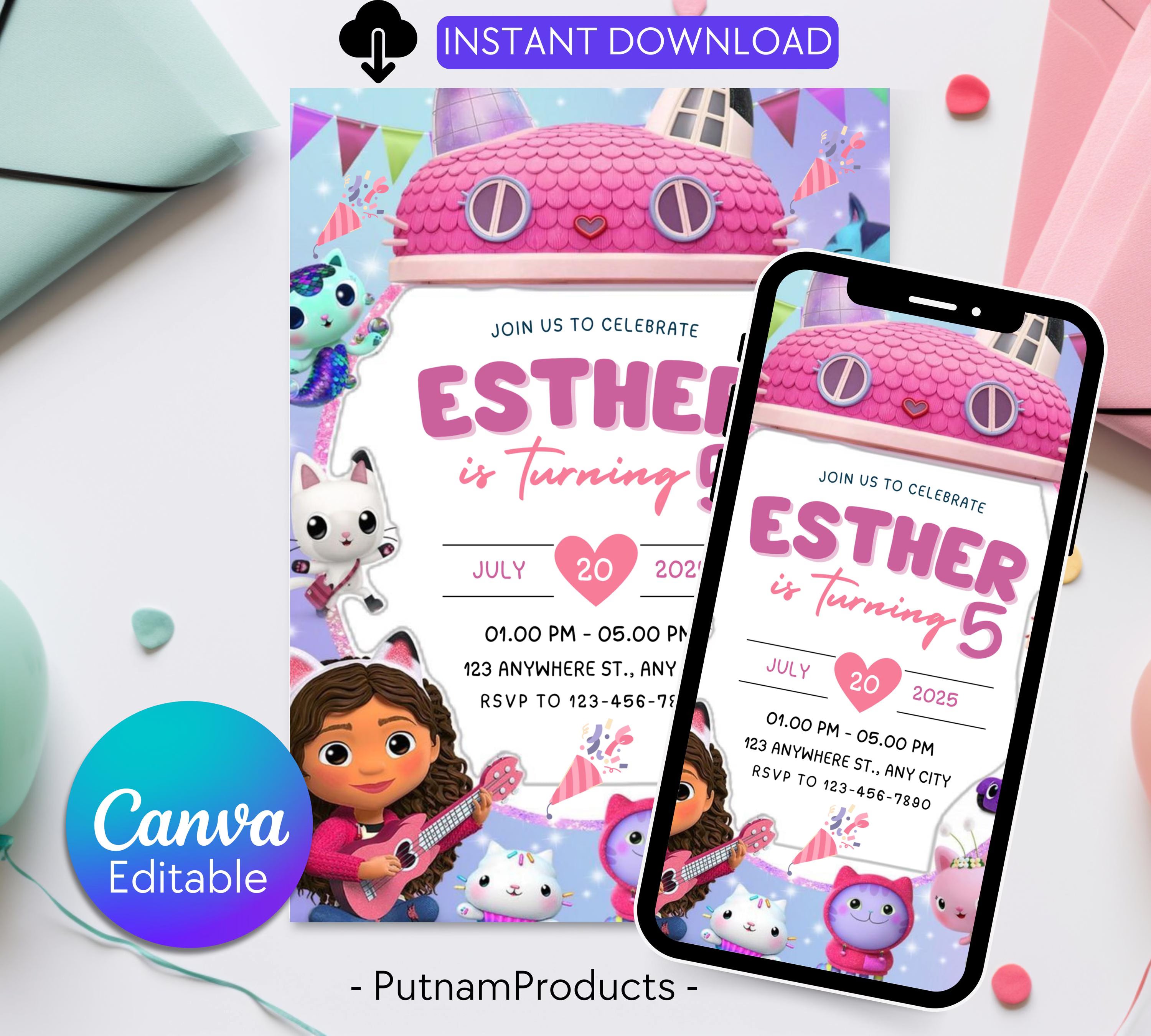 Editable Gabbys Dollhouse Birthday Invitation, Printable Kids Birthday Party Invitations, Digital Bday Party Invite, Gabby Invite Bday Card