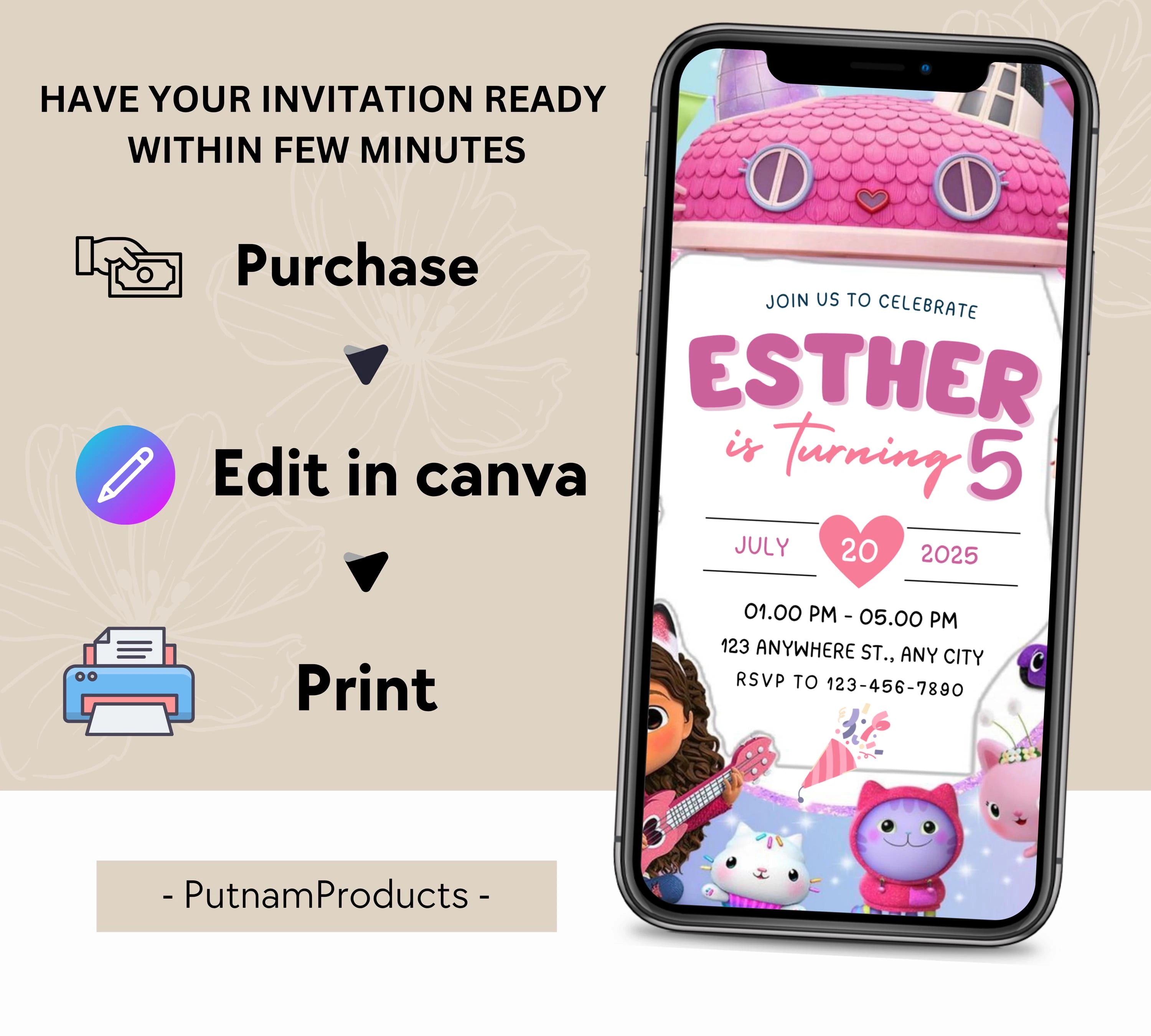 Editable Gabbys Dollhouse Birthday Invitation, Printable Kids Birthday Party Invitations, Digital Bday Party Invite, Gabby Invite Bday Card