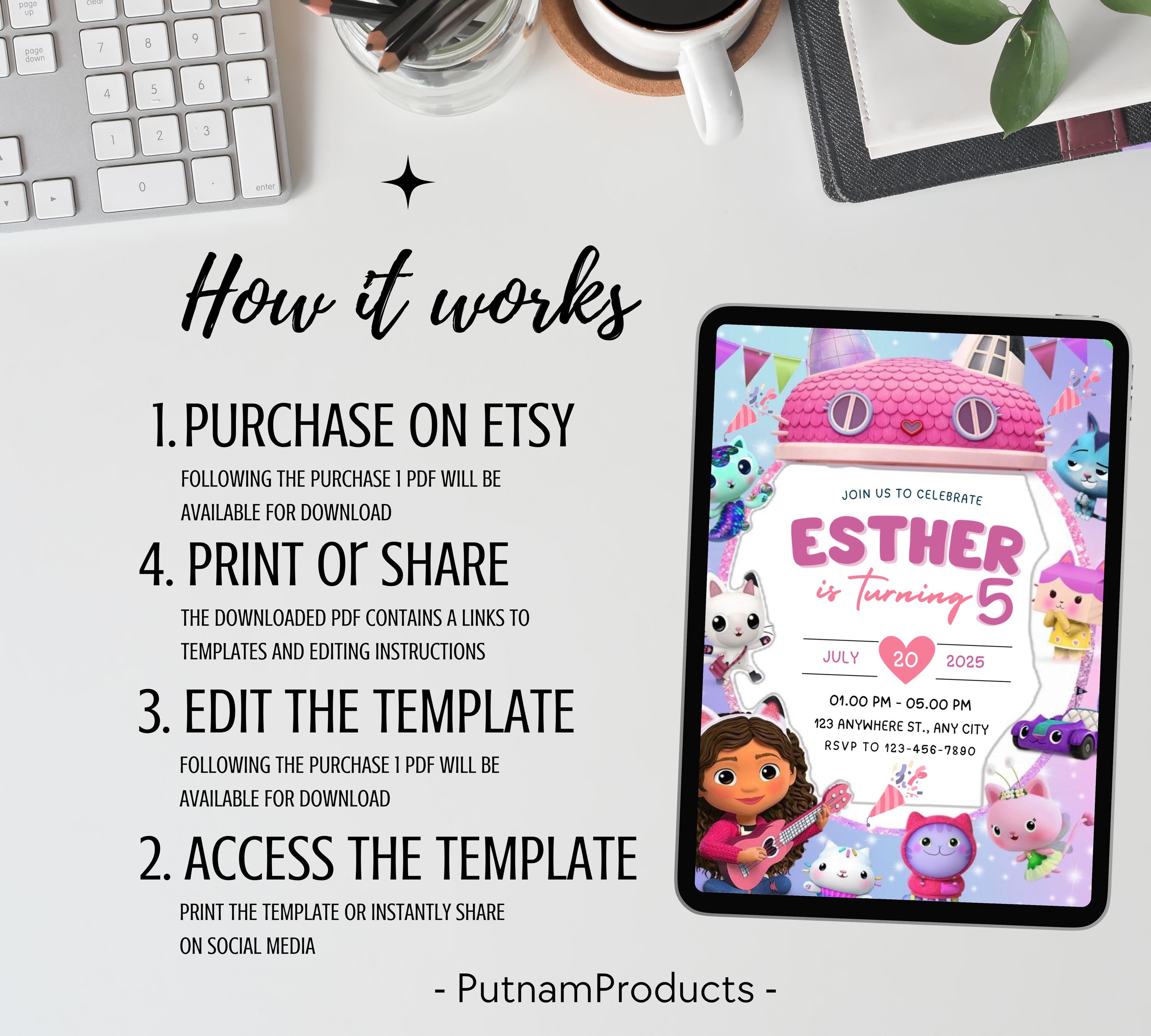 Editable Gabbys Dollhouse Birthday Invitation, Printable Kids Birthday Party Invitations, Digital Bday Party Invite, Gabby Invite Bday Card