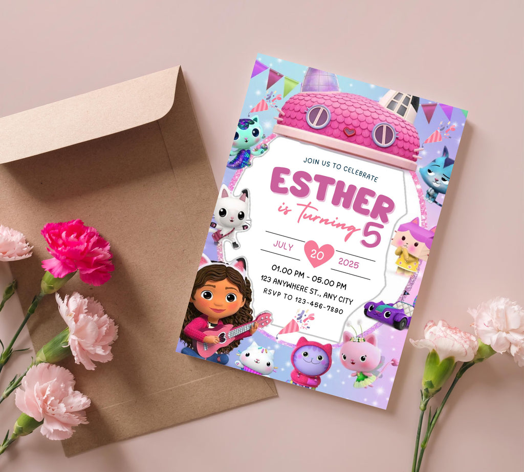 Editable Gabbys Dollhouse Birthday Invitation, Printable Kids Birthday Party Invitations, Digital Bday Party Invite, Gabby Invite Bday Card