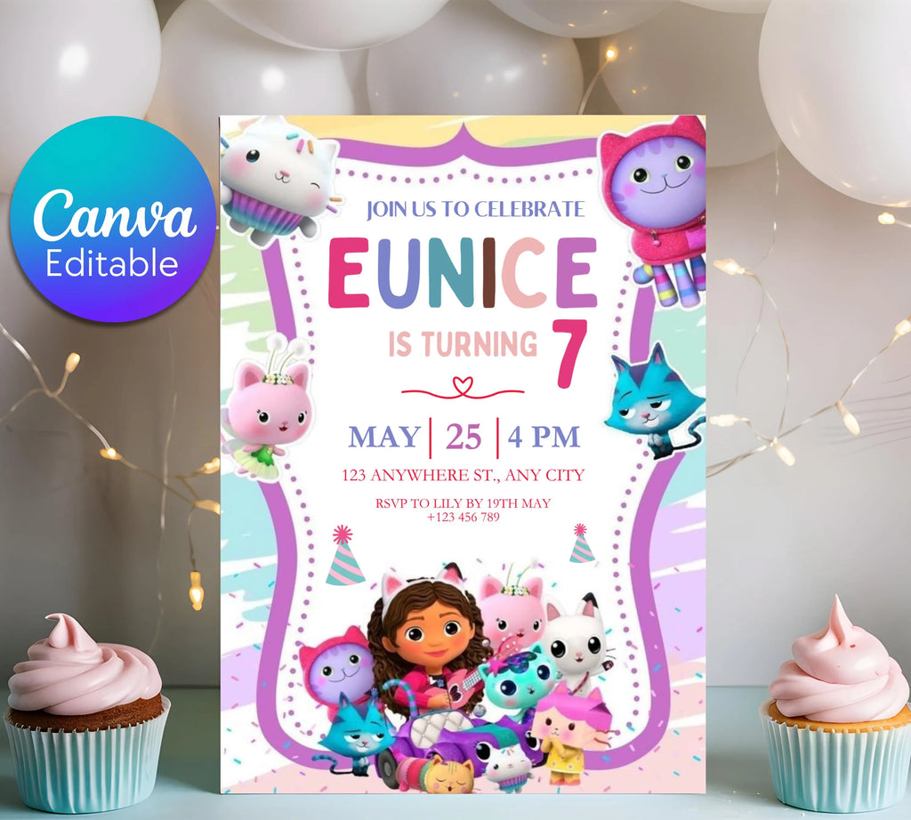 Editable Gabby Dollhouse Birthday Invitation, Gabbys Dollhouse Kids Party Invite, Digital Gabby Dollhouse Birthday Invite, Gabby Template