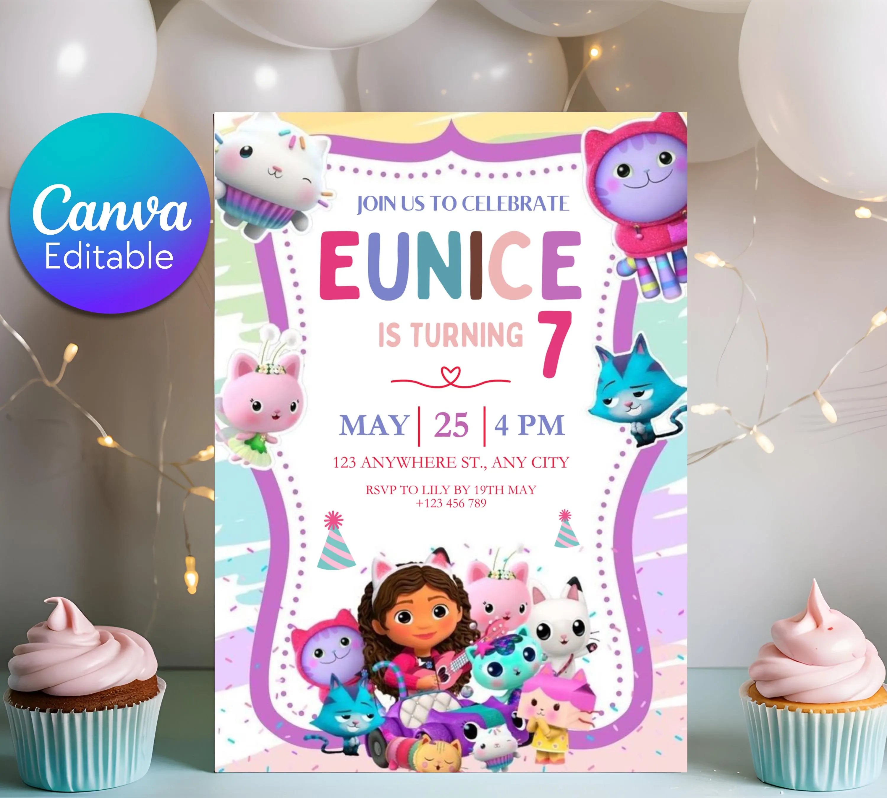 Editable Gabby Dollhouse Birthday Invitation, Gabbys Dollhouse Kids Party Invite, Digital Gabby Dollhouse Birthday Invite, Gabby Template