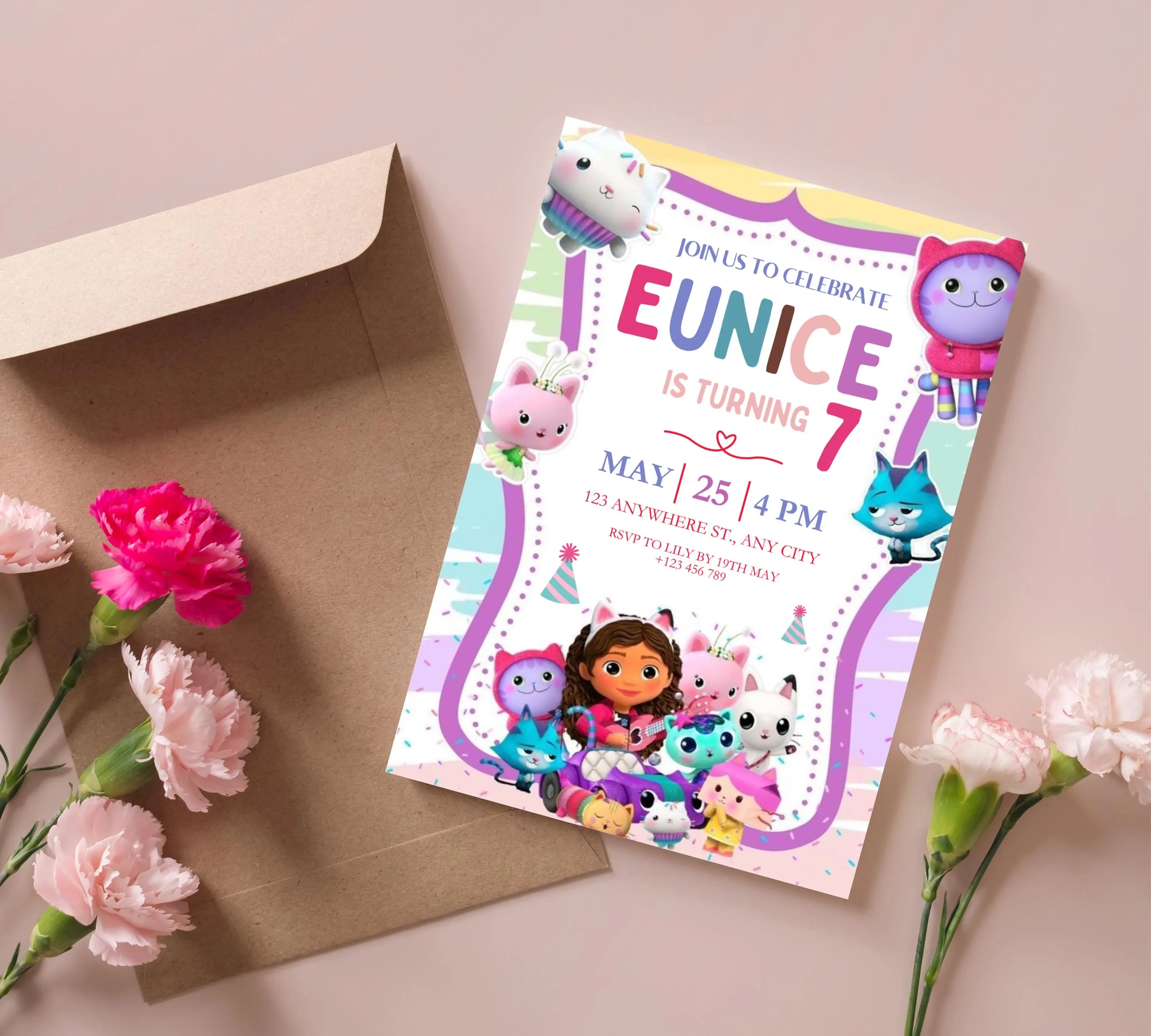 Editable Gabby Dollhouse Birthday Invitation, Gabbys Dollhouse Kids Party Invite, Digital Gabby Dollhouse Birthday Invite, Gabby Template