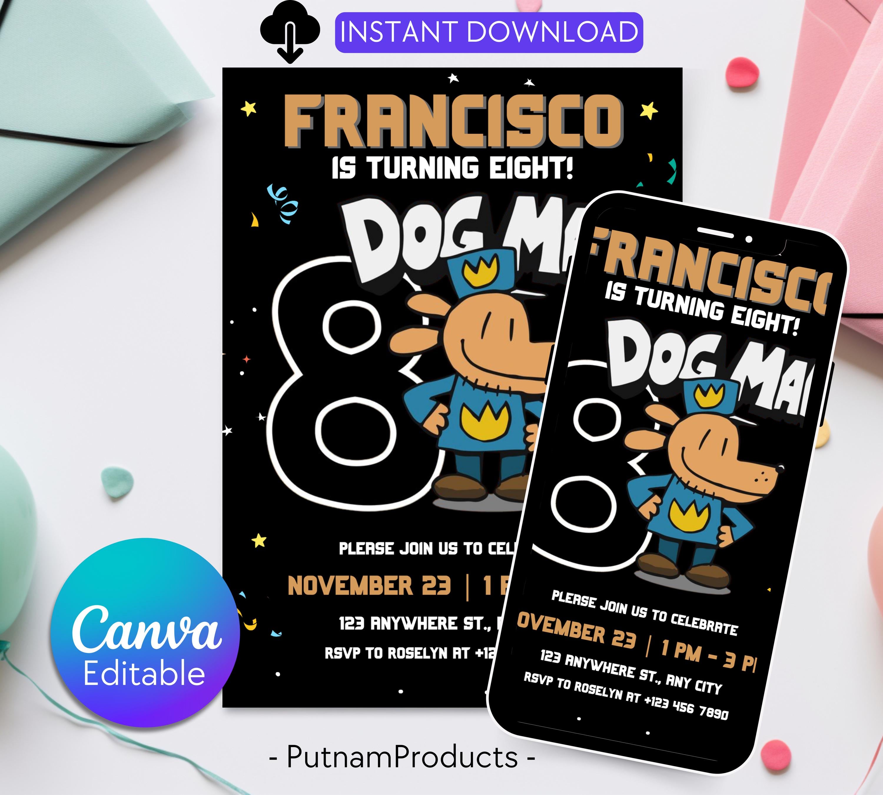 Editable Dog Man Birthday Invitation Template, Dog Man Birthday Invitation, DogMan Kids Birthday Movie invite, Canva Instant Download