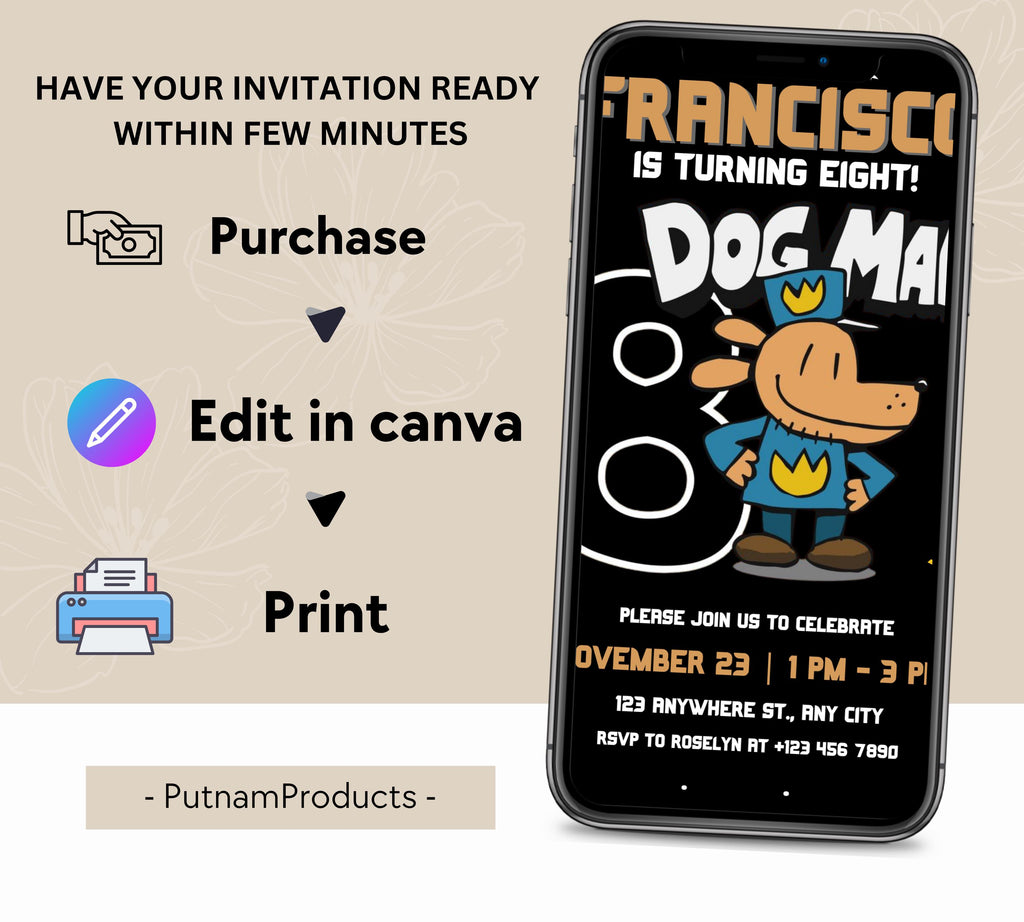 Editable Dog Man Birthday Invitation Template, Dog Man Birthday Invitation, DogMan Kids Birthday Movie invite, Canva Instant Download