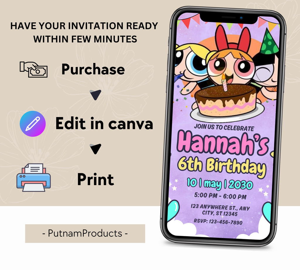 Girl Birthday Invitation, PowerPuff Girls birthday invitation, PowerPuff Girl birthday invitation, Girl Birthday Party, Instant Download