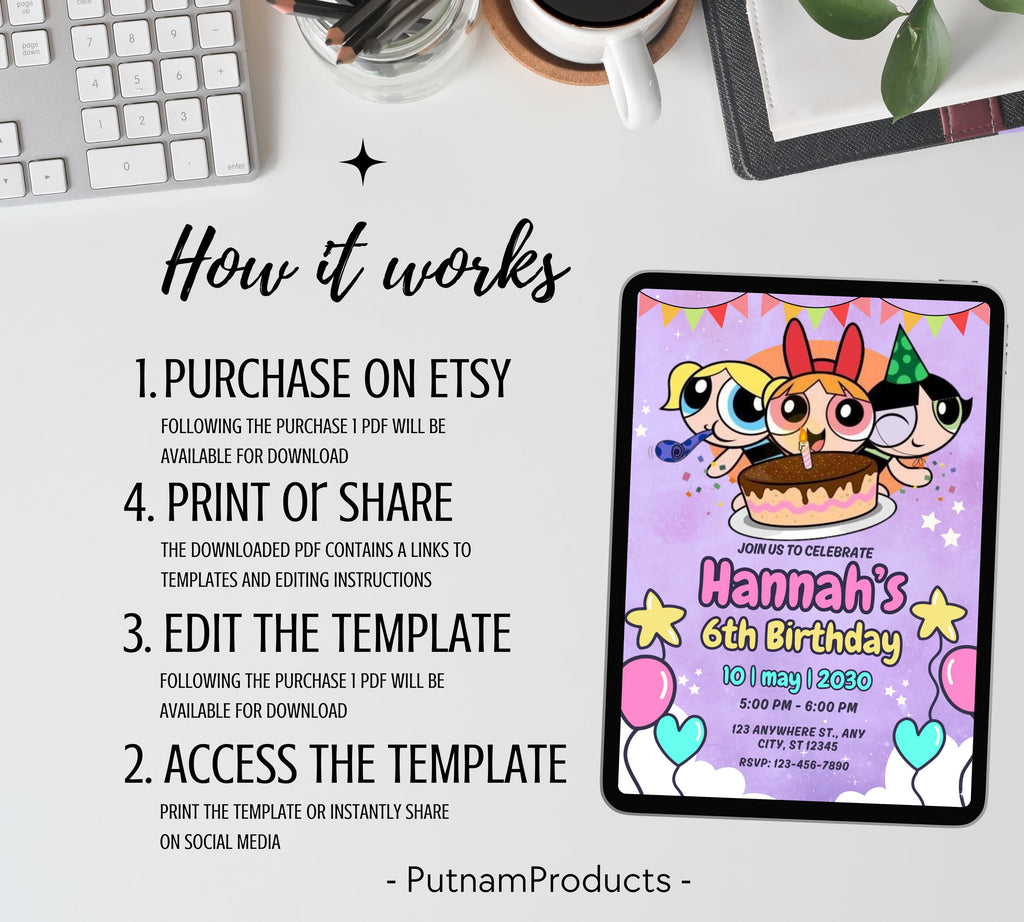 Girl Birthday Invitation, PowerPuff Girls birthday invitation, PowerPuff Girl birthday invitation, Girl Birthday Party, Instant Download