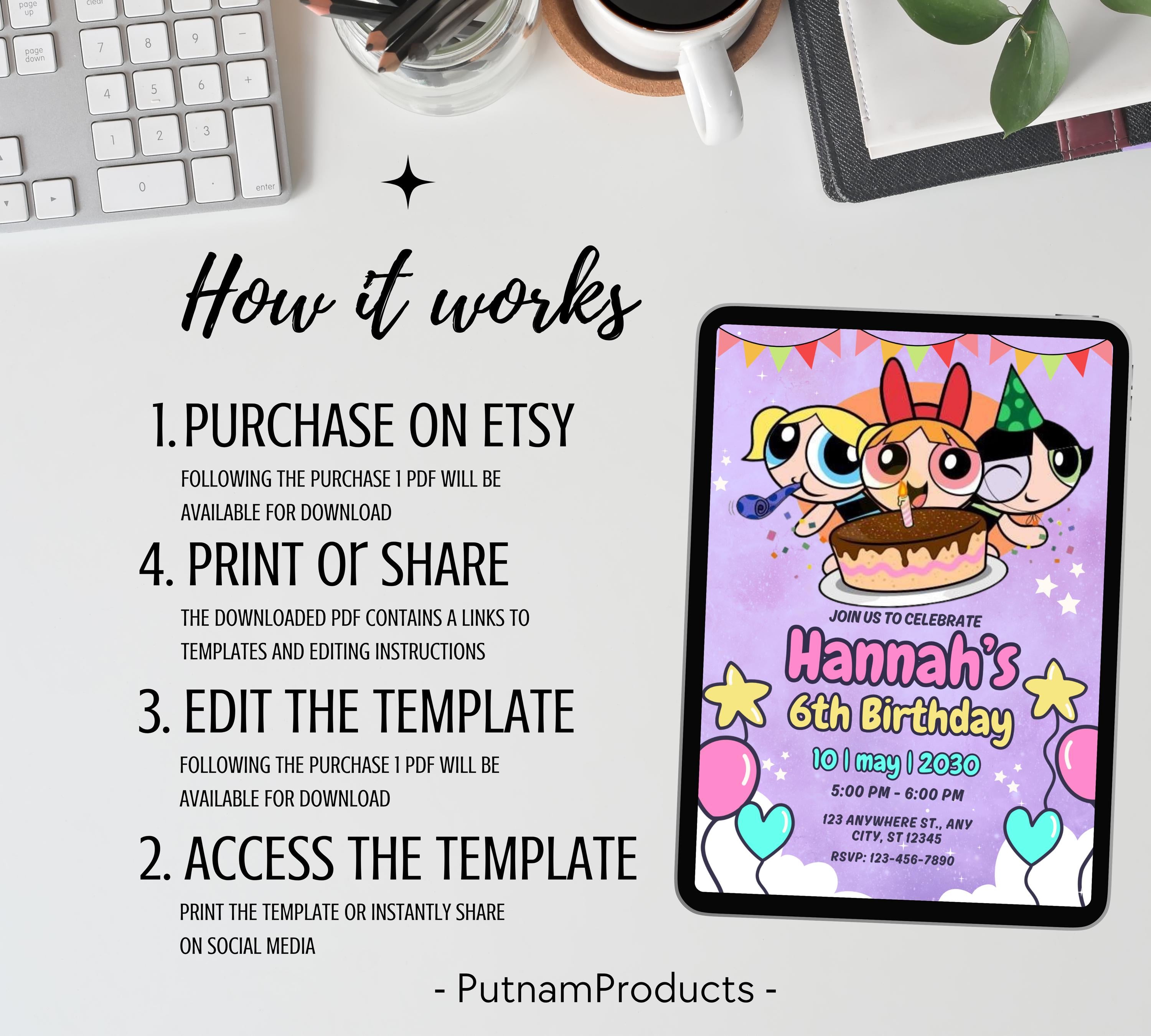 Girl Birthday Invitation, PowerPuff Girls birthday invitation, PowerPuff Girl birthday invitation, Girl Birthday Party, Instant Download