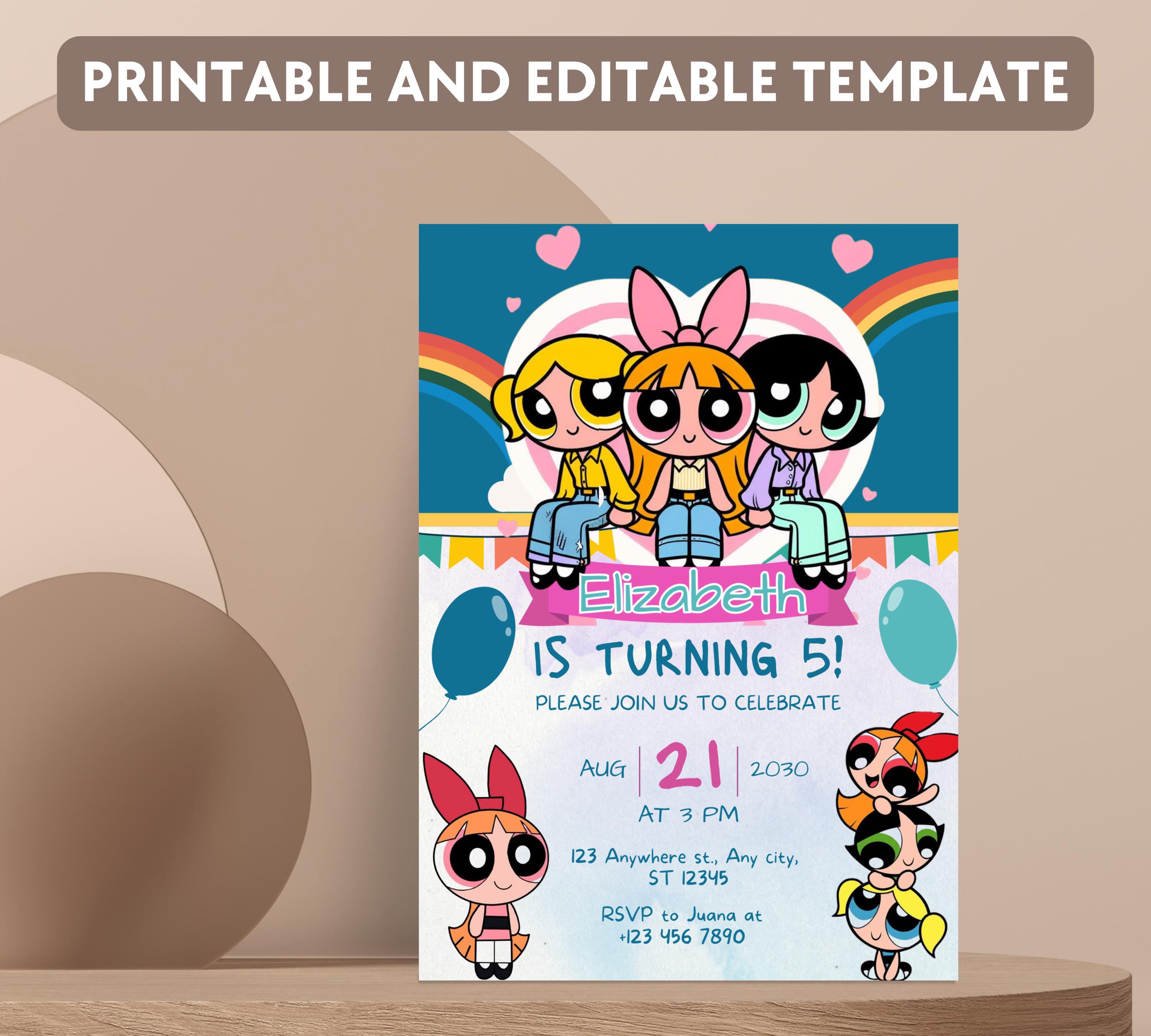 Editable Girl Birthday Invitation, PowerPuff birthday invitation, PowerPuff Girl birthday invitation, Girl Birthday Party, Instant Download