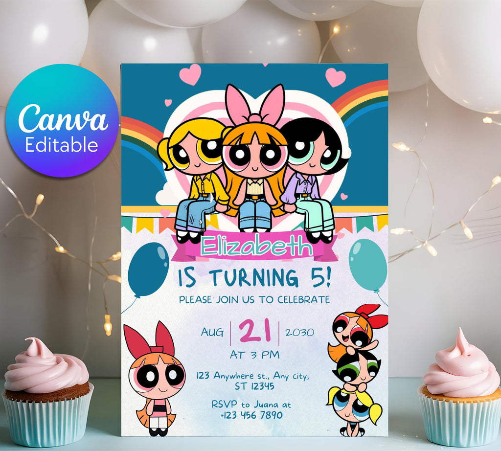 Editable Girl Birthday Invitation, PowerPuff birthday invitation, PowerPuff Girl birthday invitation, Girl Birthday Party, Instant Download