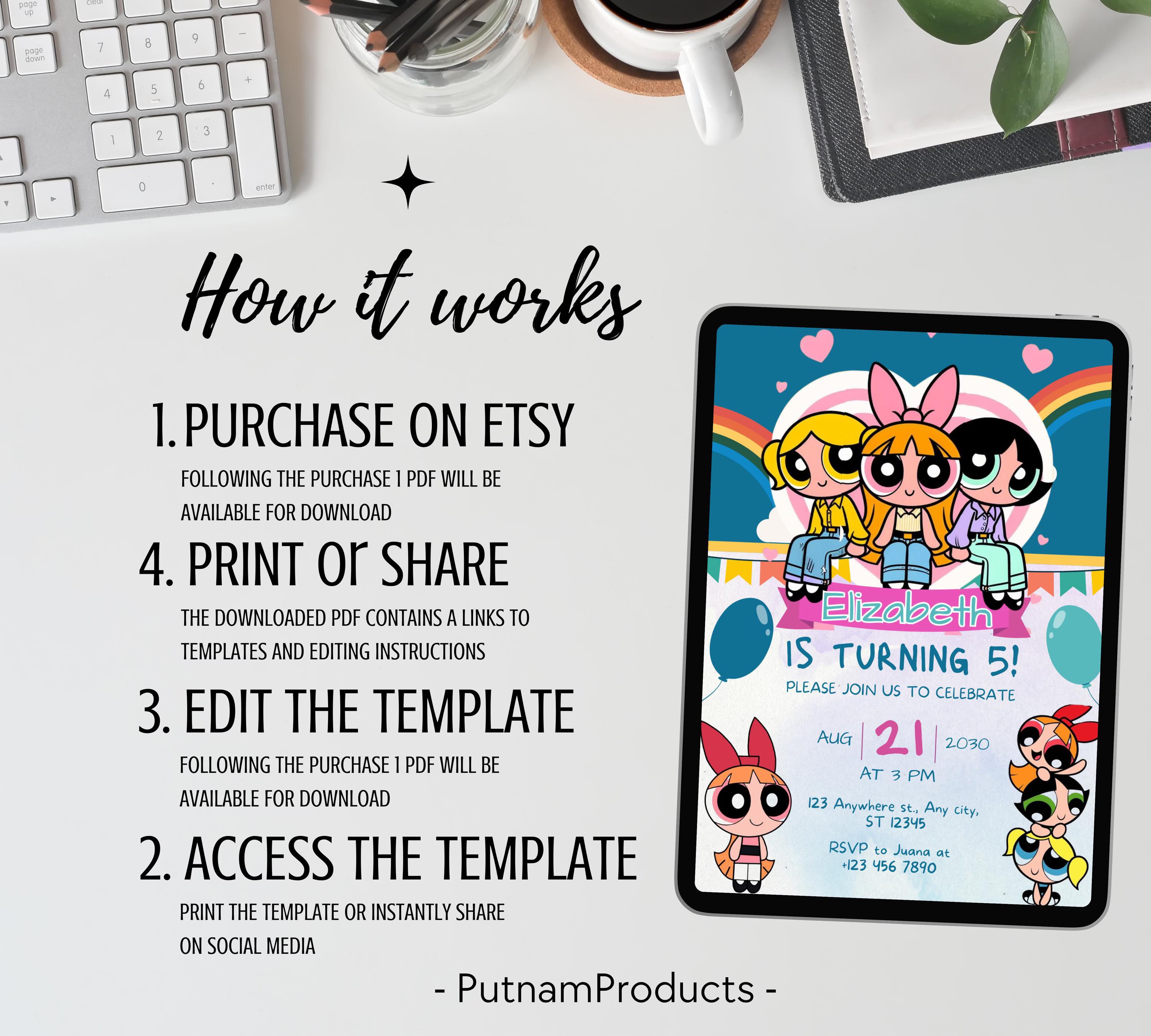 Editable Girl Birthday Invitation, PowerPuff birthday invitation, PowerPuff Girl birthday invitation, Girl Birthday Party, Instant Download