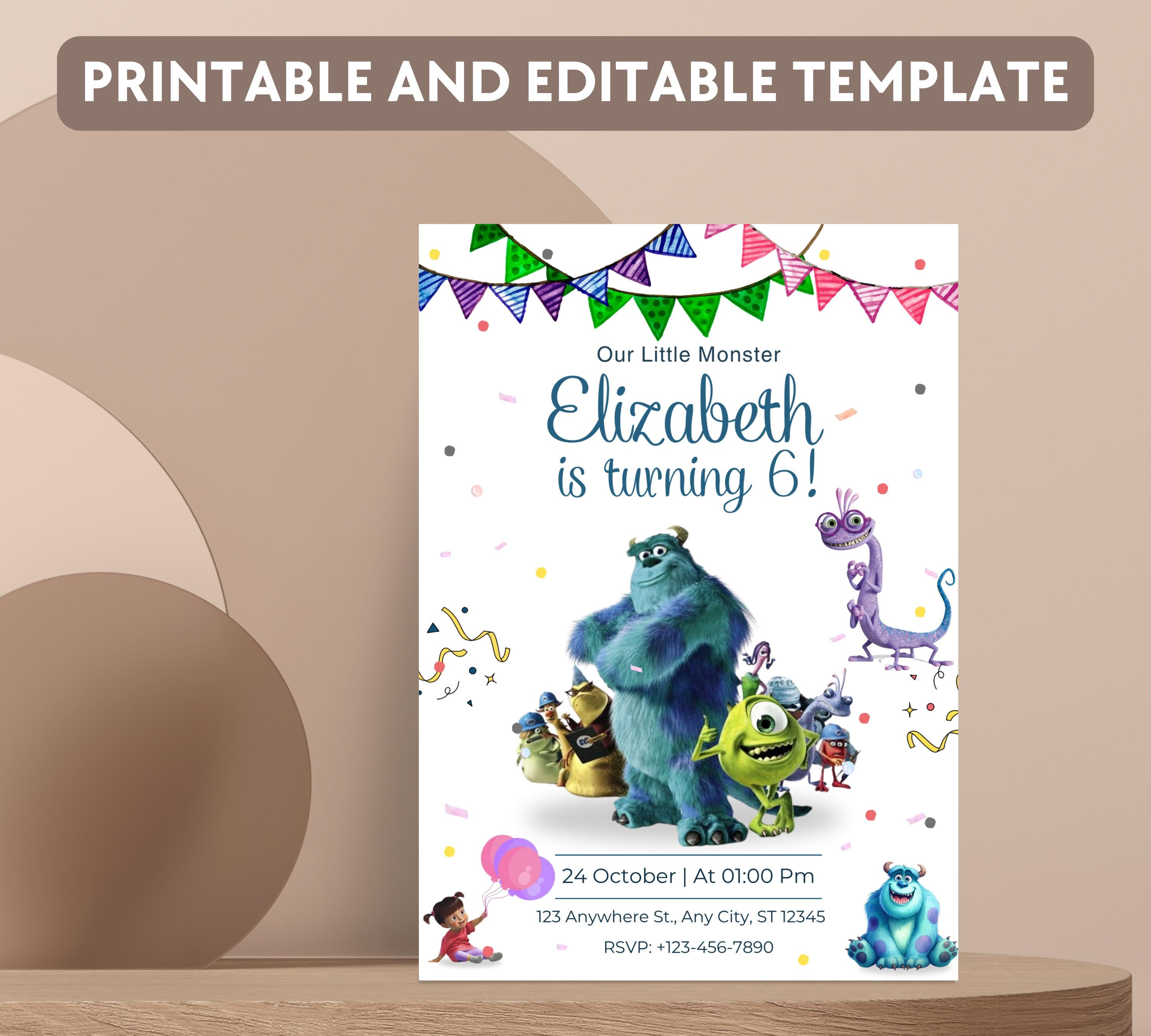 Editable Monster Inc birthday Invitation, Kids Birthday Invite, Printable Monsters University Template, Editable monster inc birthday party